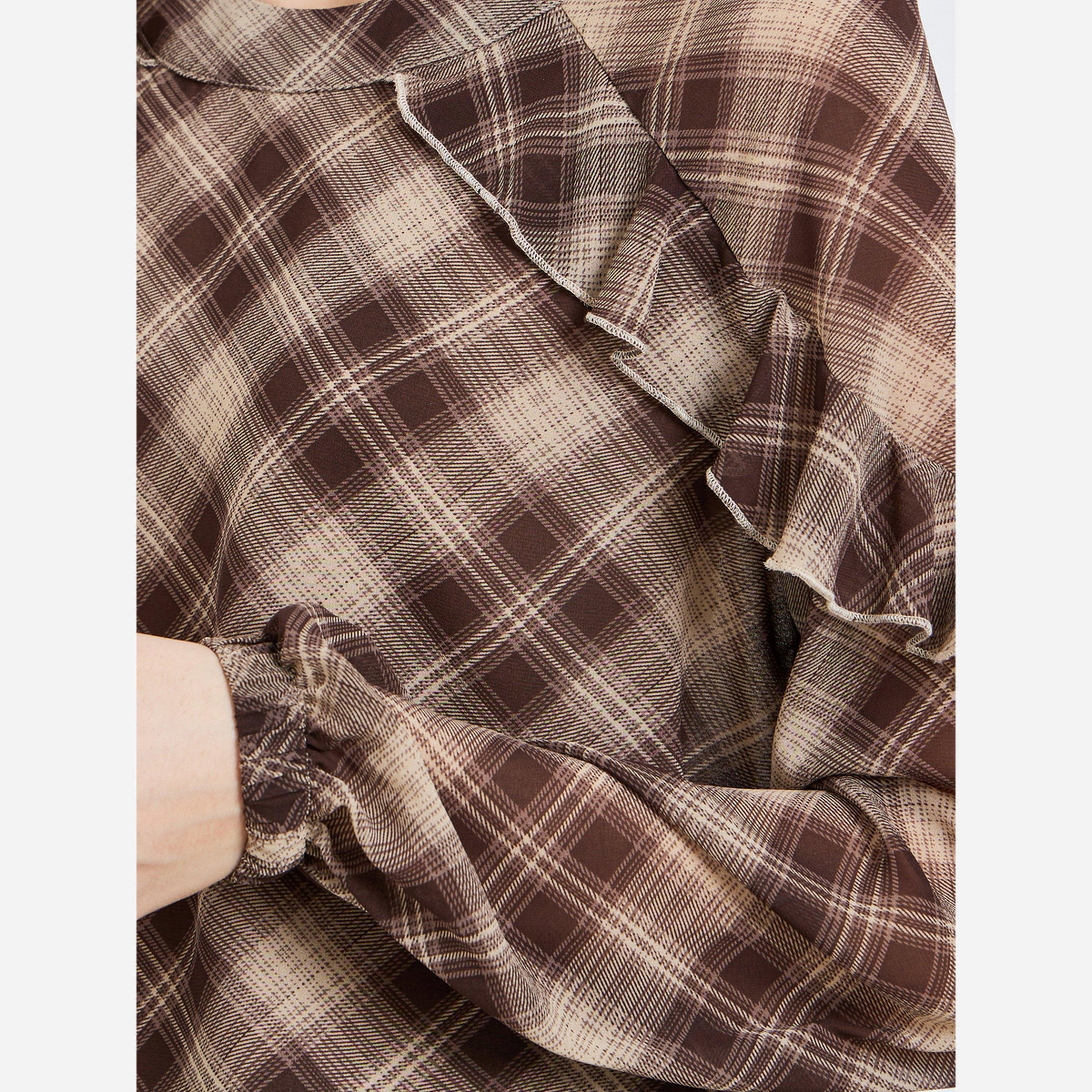 Styli Women Brown Plaid Ruffle Blouse-women-clothing-shirtsandblouses-blouses-image-4