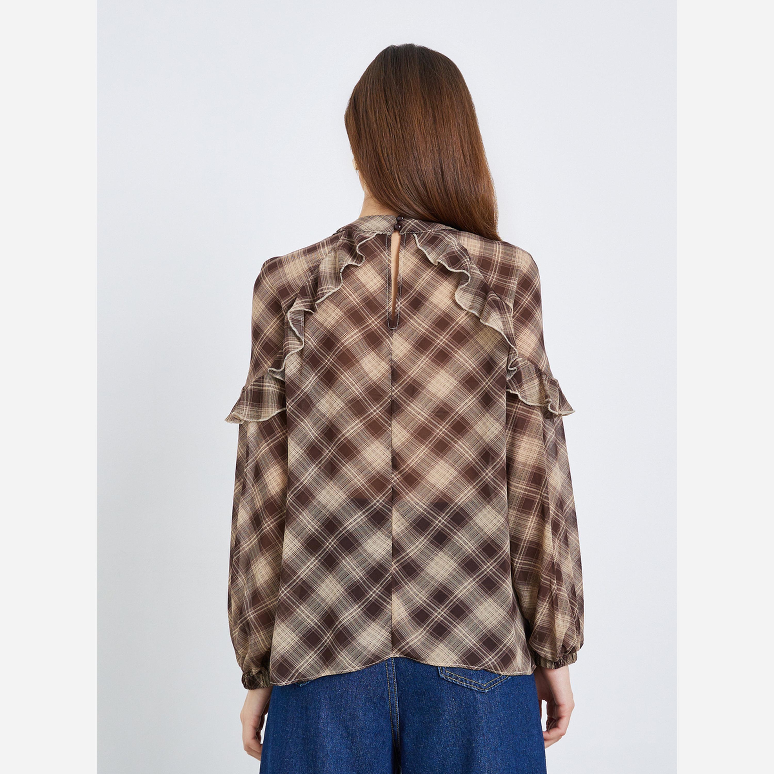 Styli Women Brown Plaid Ruffle Blouse-women-clothing-shirtsandblouses-blouses-image-5