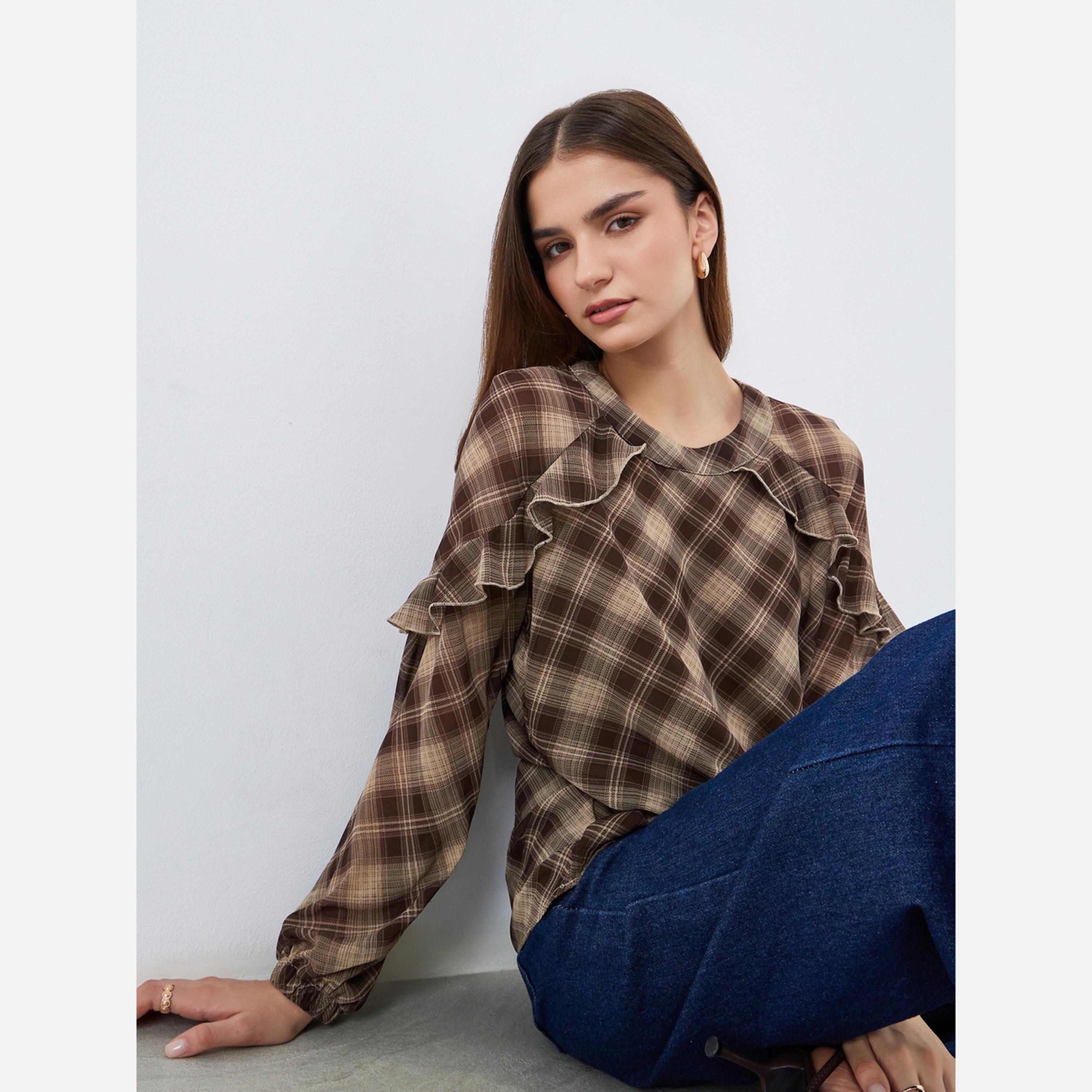 Styli Women Brown Plaid Ruffle Blouse-women-clothing-shirtsandblouses-blouses-image-6