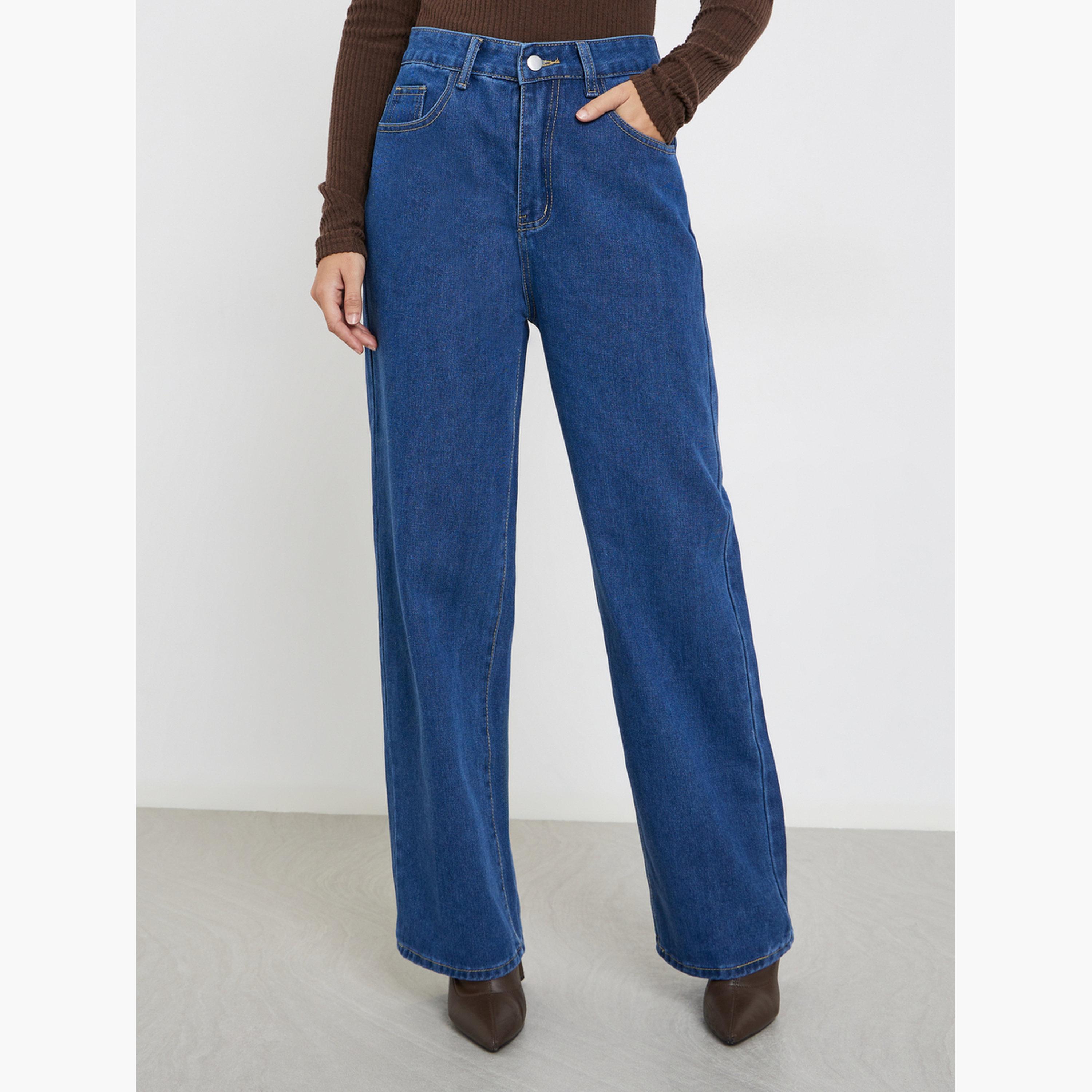 ستايلي - بنطال جينز أزرق داكن بخصر عالٍ وساق واسع-women-clothing-bottoms-jeans-image-1