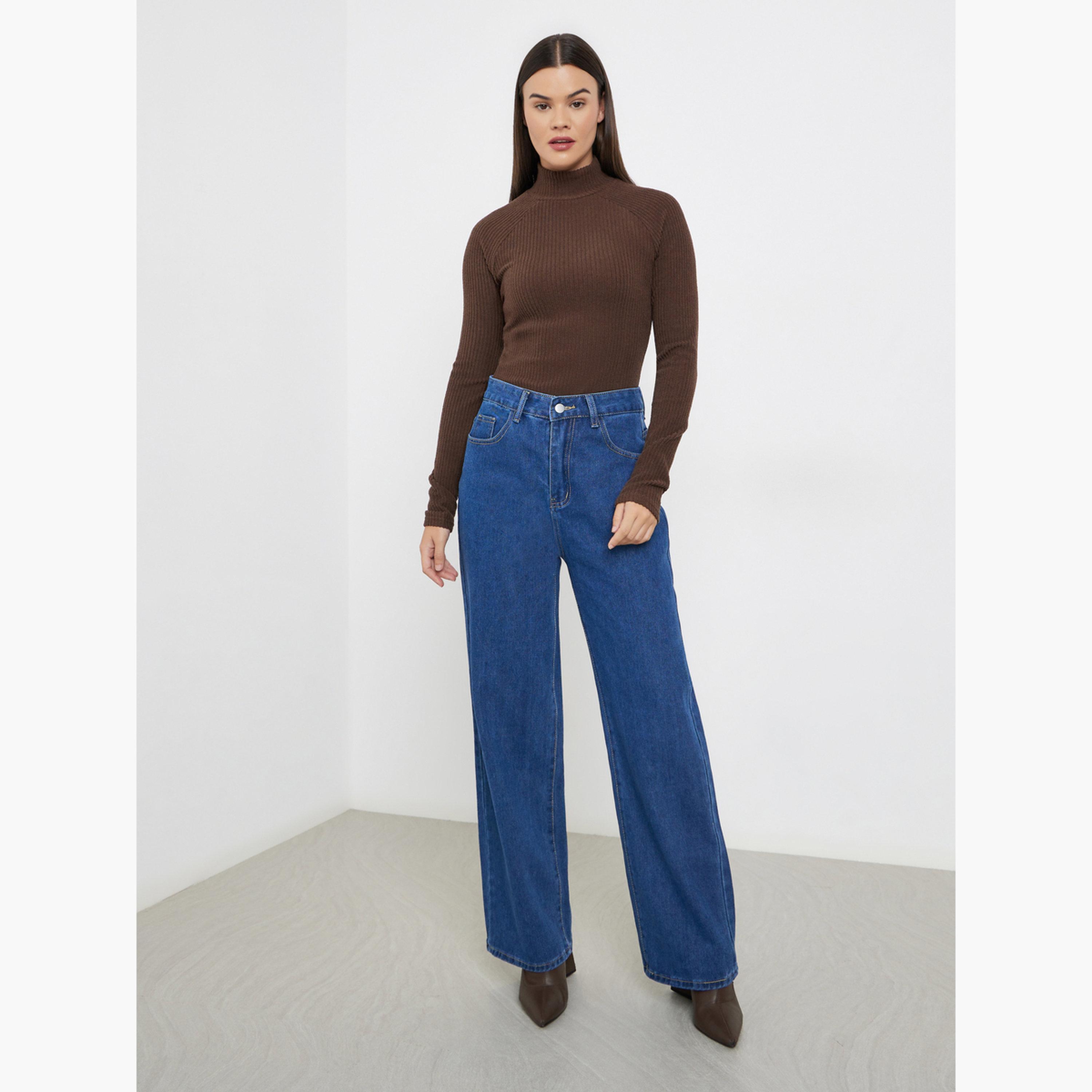 ستايلي - بنطال جينز أزرق داكن بخصر عالٍ وساق واسع-women-clothing-bottoms-jeans-image-2