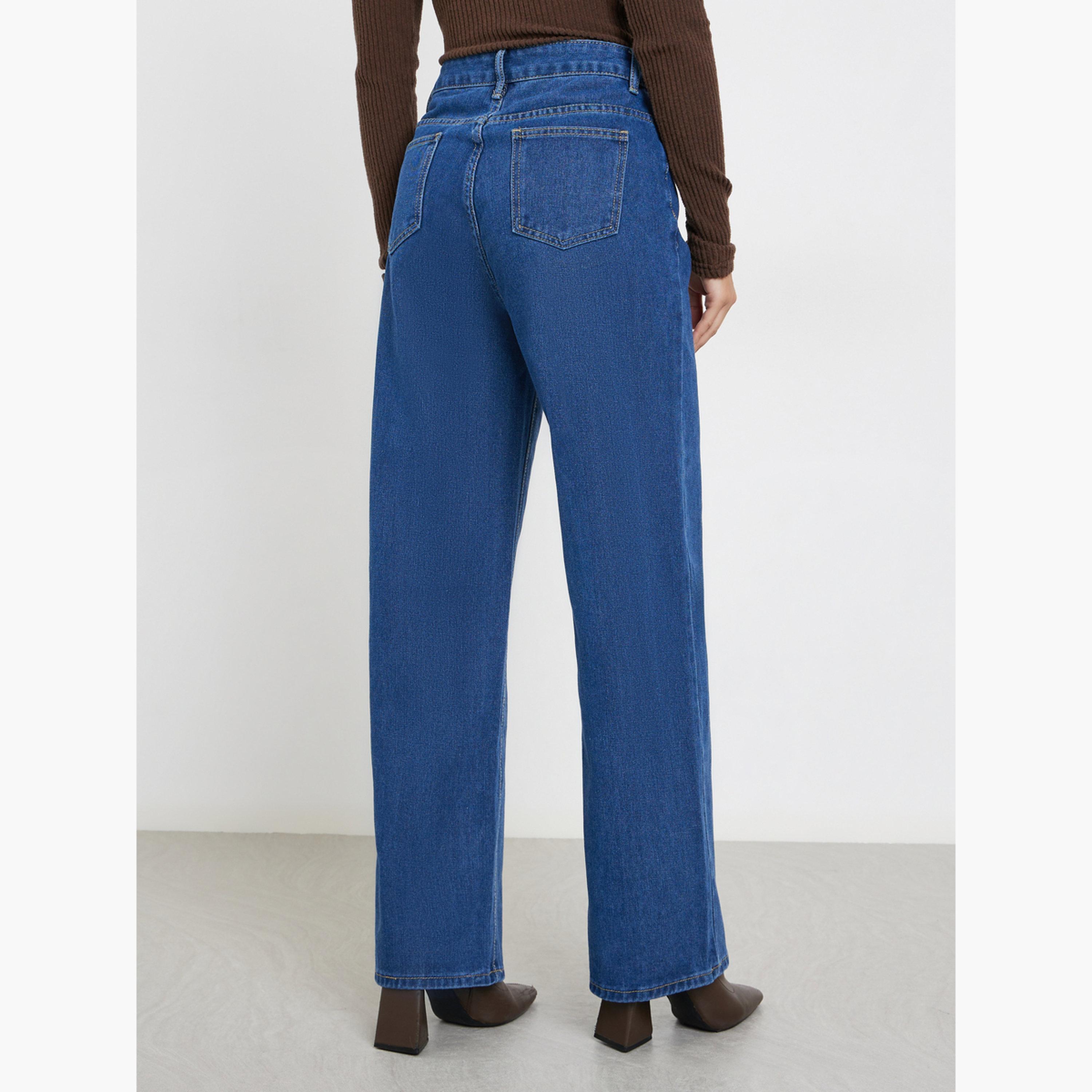 ستايلي - بنطال جينز أزرق داكن بخصر عالٍ وساق واسع-women-clothing-bottoms-jeans-image-4
