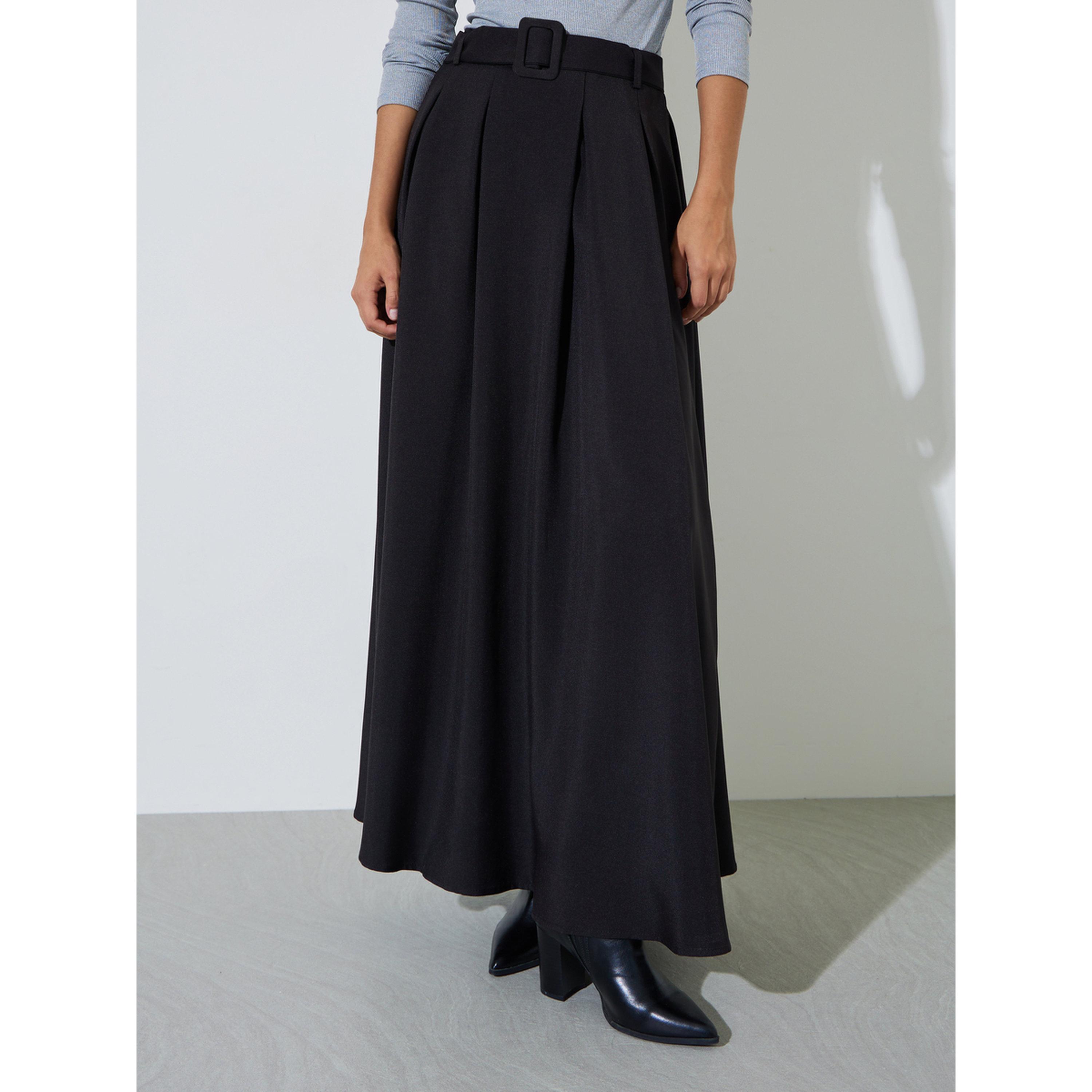 Styli Black Solid Belted A-Line Maxi Skirt-women-clothing-skirts-image-1