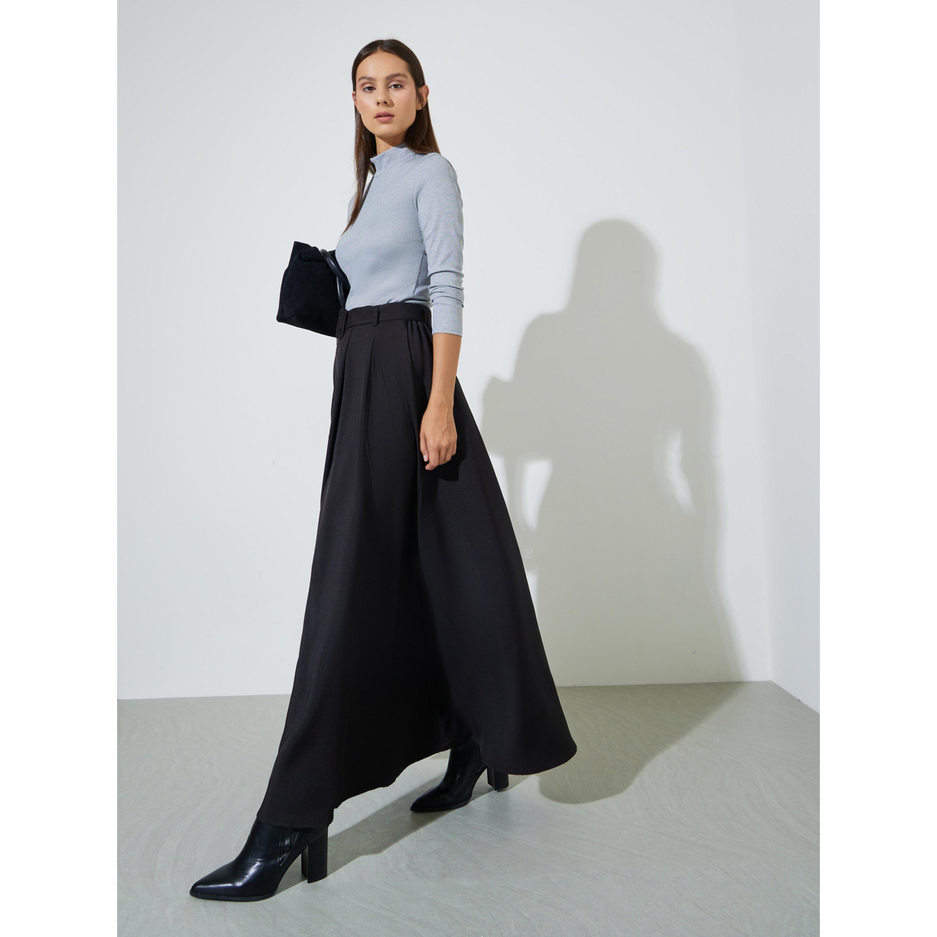 Styli Black Solid Belted A-Line Maxi Skirt-women-clothing-skirts-image-2
