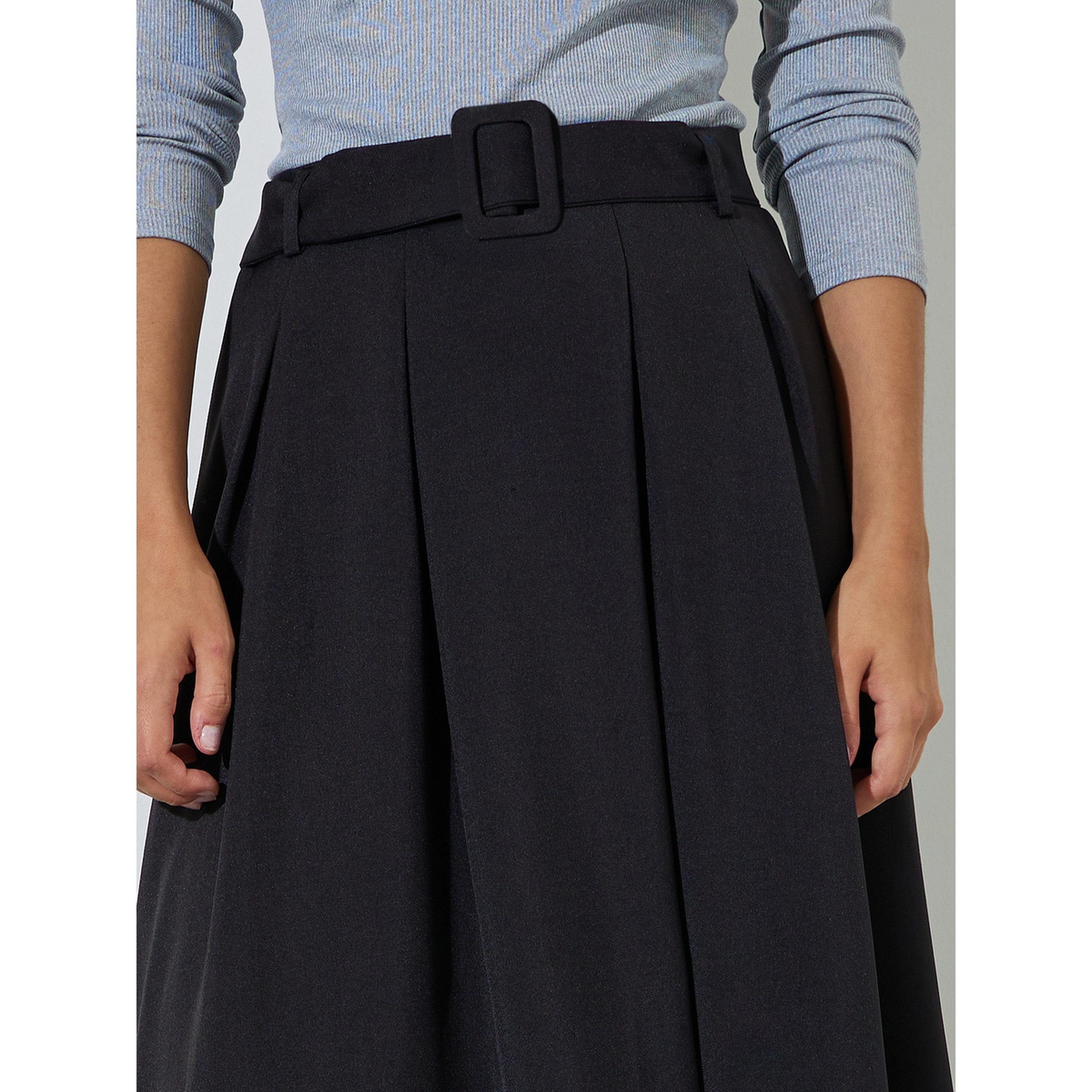 Styli Black Solid Belted A-Line Maxi Skirt-women-clothing-skirts-image-3