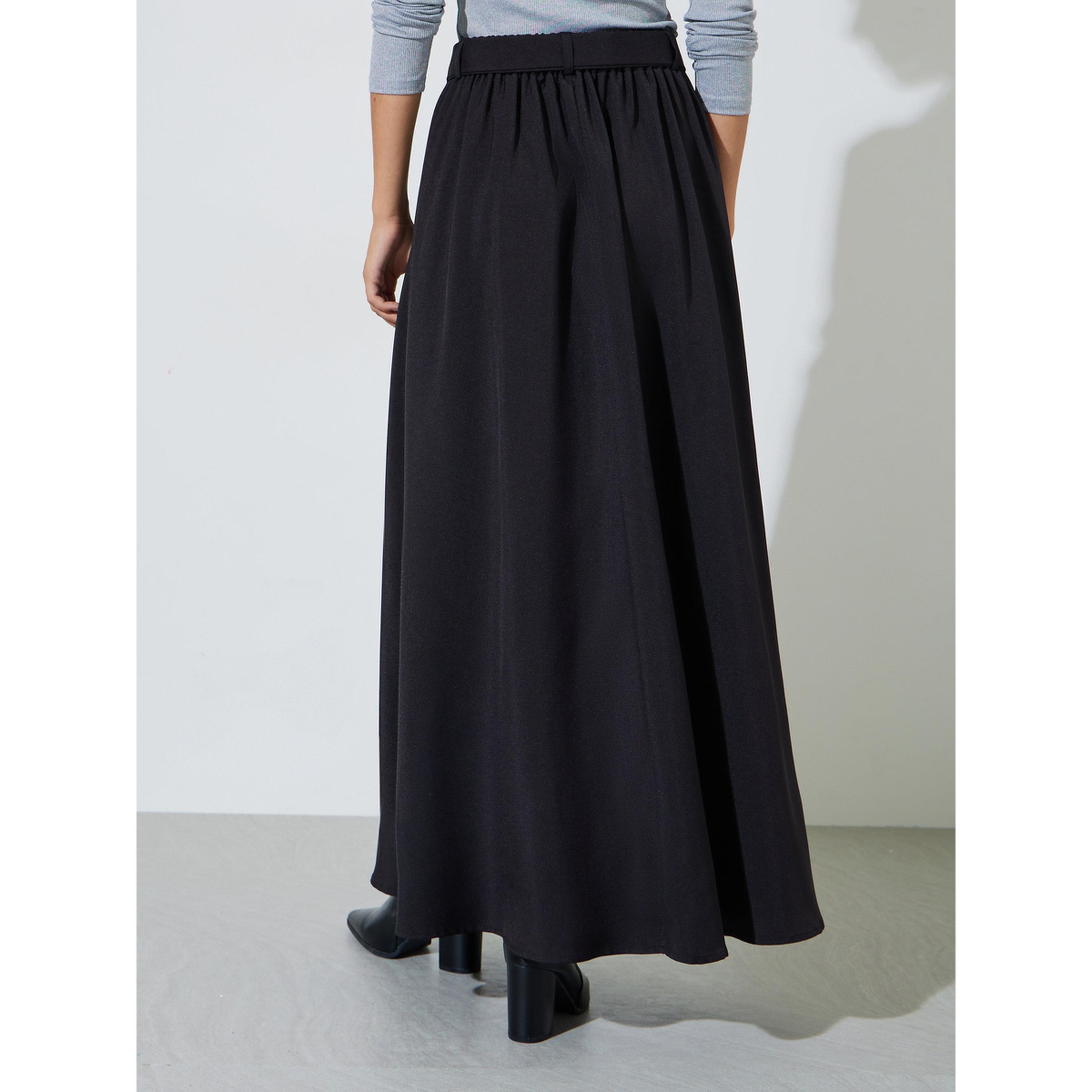 Styli Black Solid Belted A-Line Maxi Skirt-women-clothing-skirts-image-4