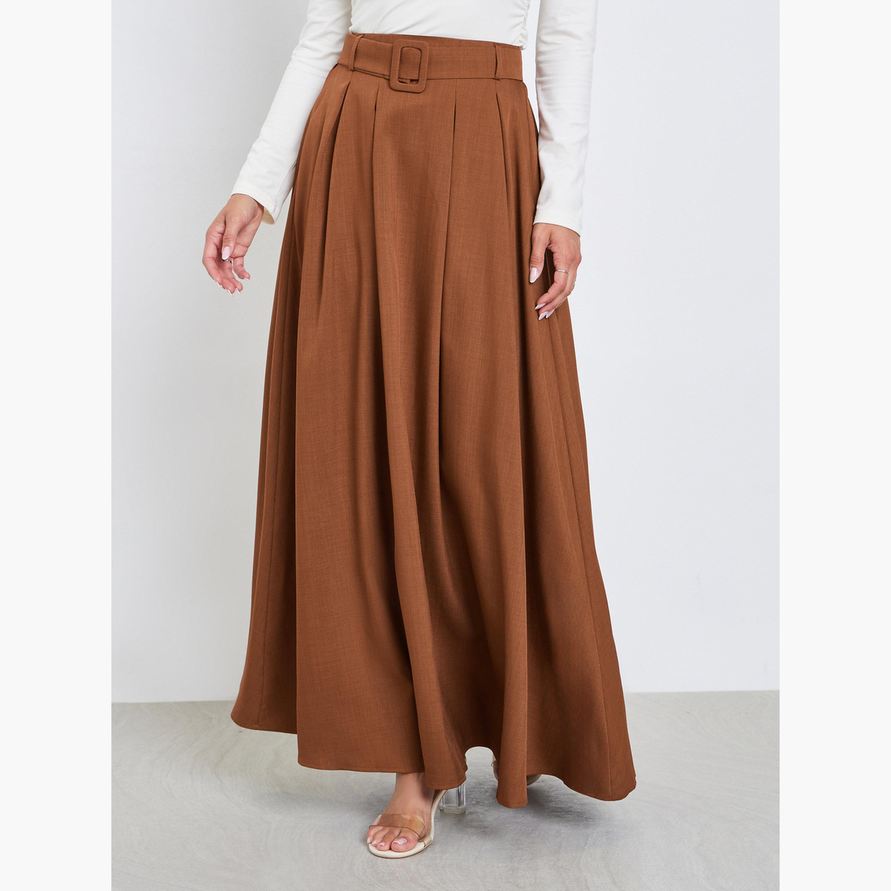 Styli Brown Solid Belted A-Line Maxi Skirt-women-clothing-bottoms-skirts-image-1