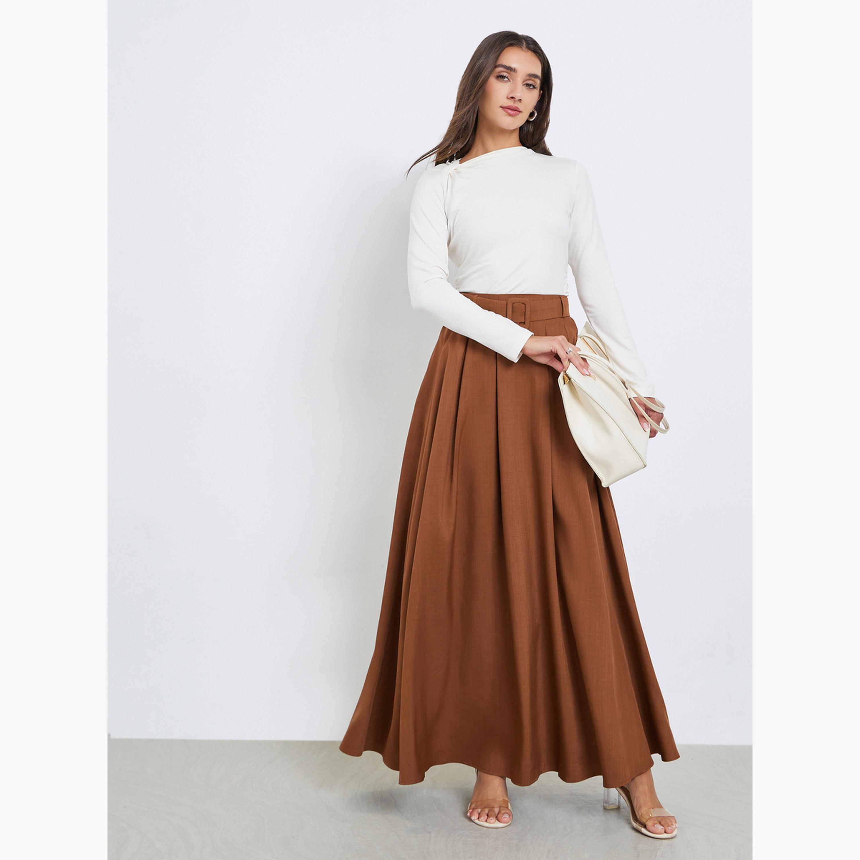 Styli Brown Solid Belted A-Line Maxi Skirt-women-clothing-bottoms-skirts-image-2