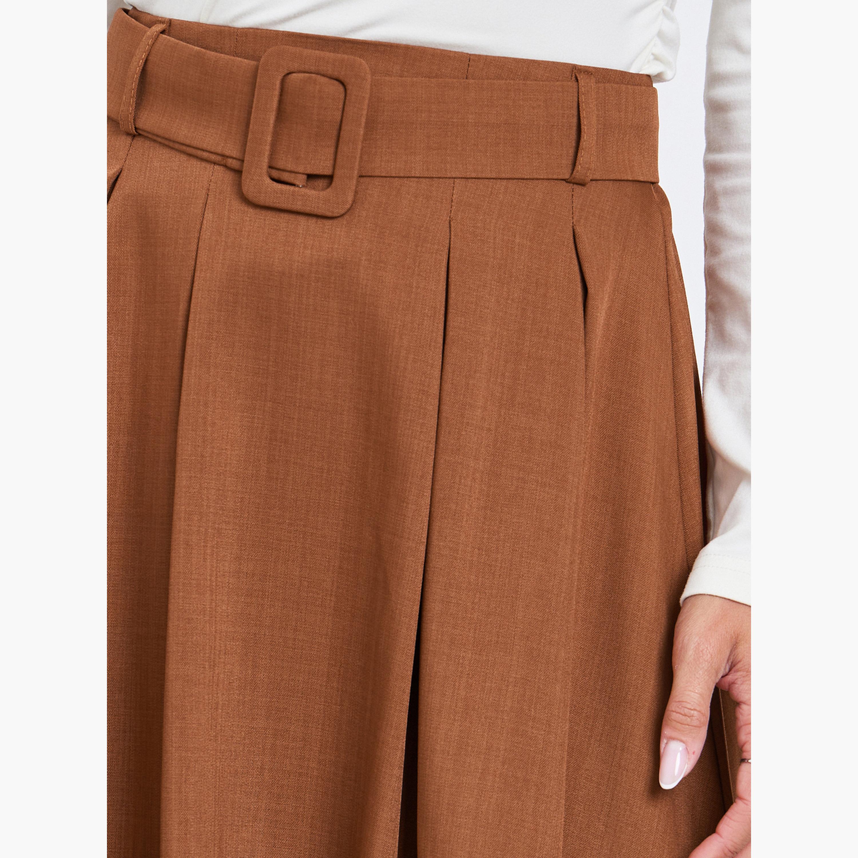 Styli Brown Solid Belted A-Line Maxi Skirt-women-clothing-bottoms-skirts-image-3