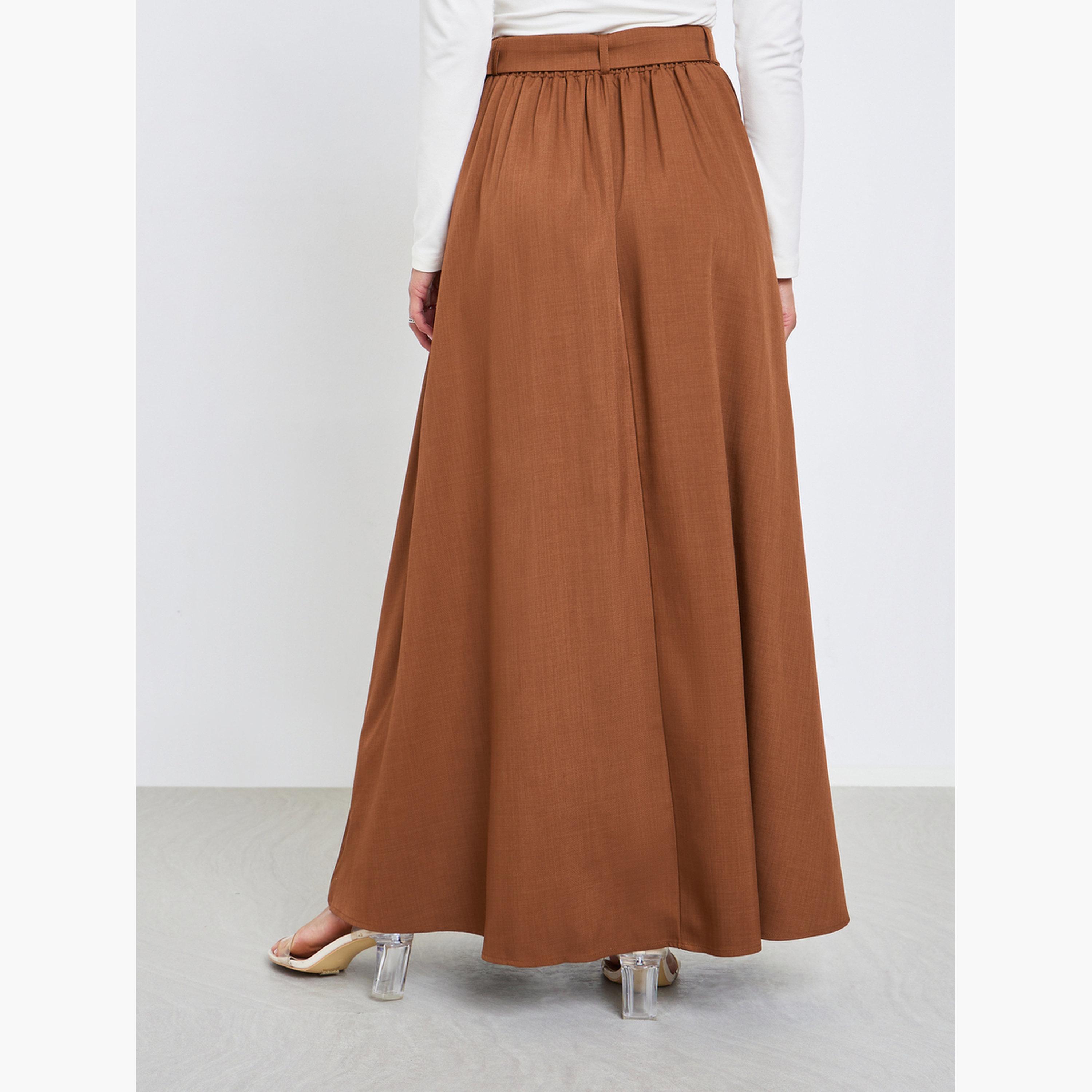 Styli Brown Solid Belted A-Line Maxi Skirt-women-clothing-bottoms-skirts-image-4
