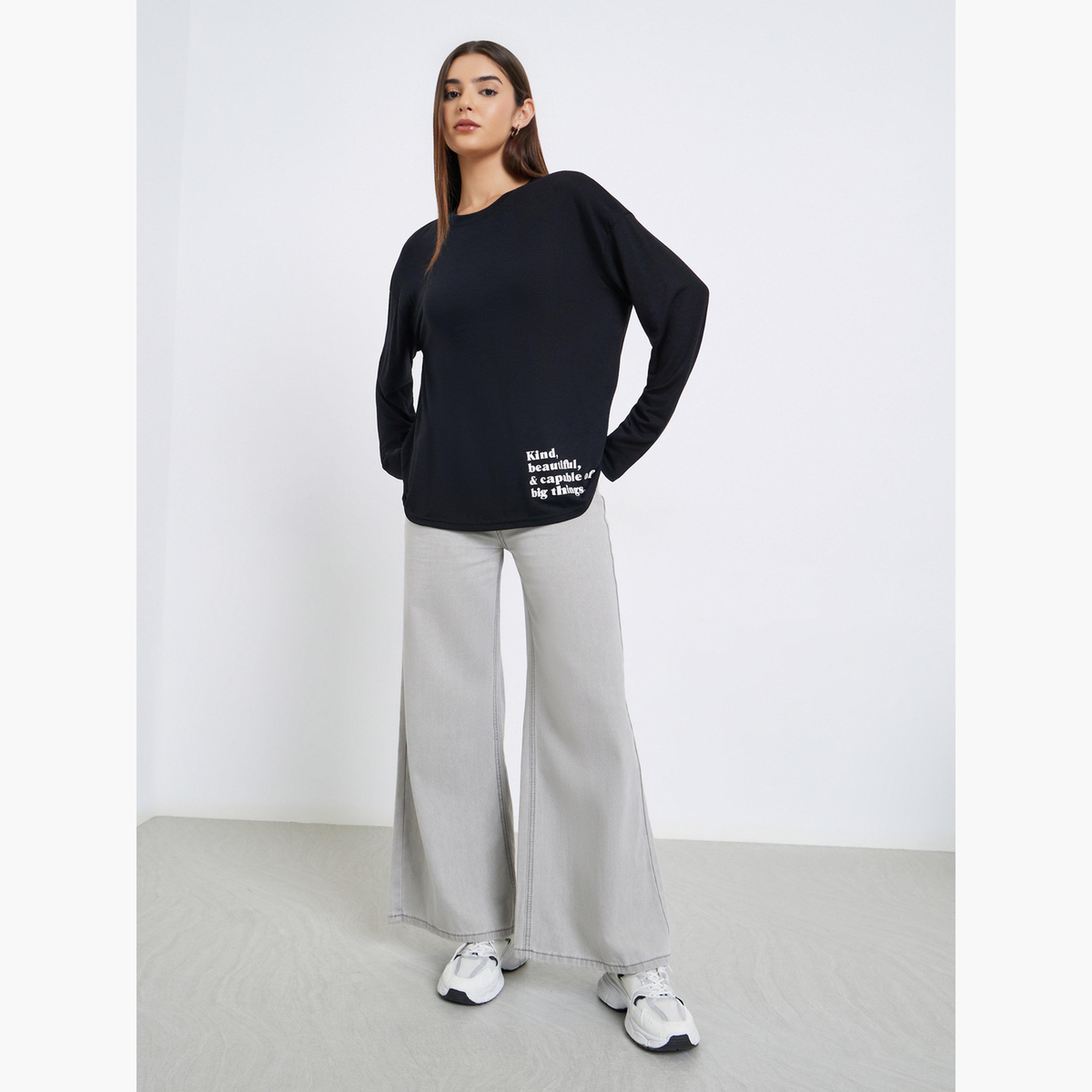 Styli Women Black Slogan Print Long Sleeve T-Shirt-women-clothing-tshirts-image-2