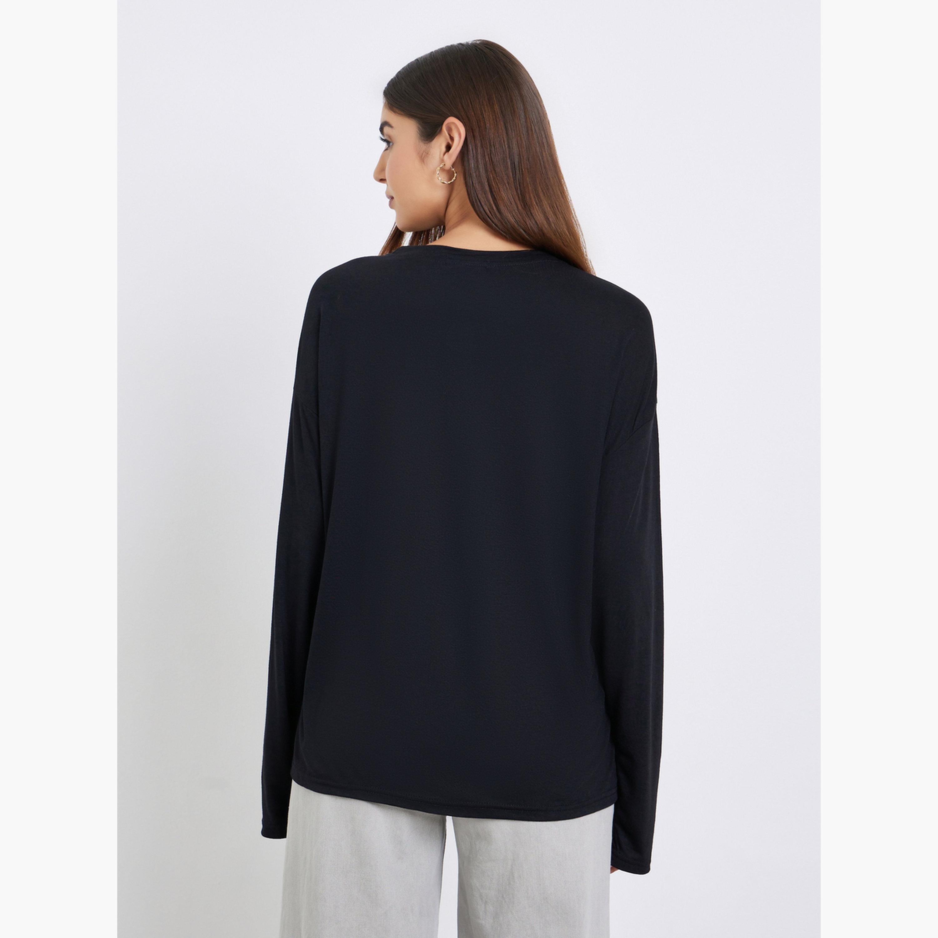 Styli Women Black Slogan Print Long Sleeve T-Shirt-women-clothing-tshirts-image-4