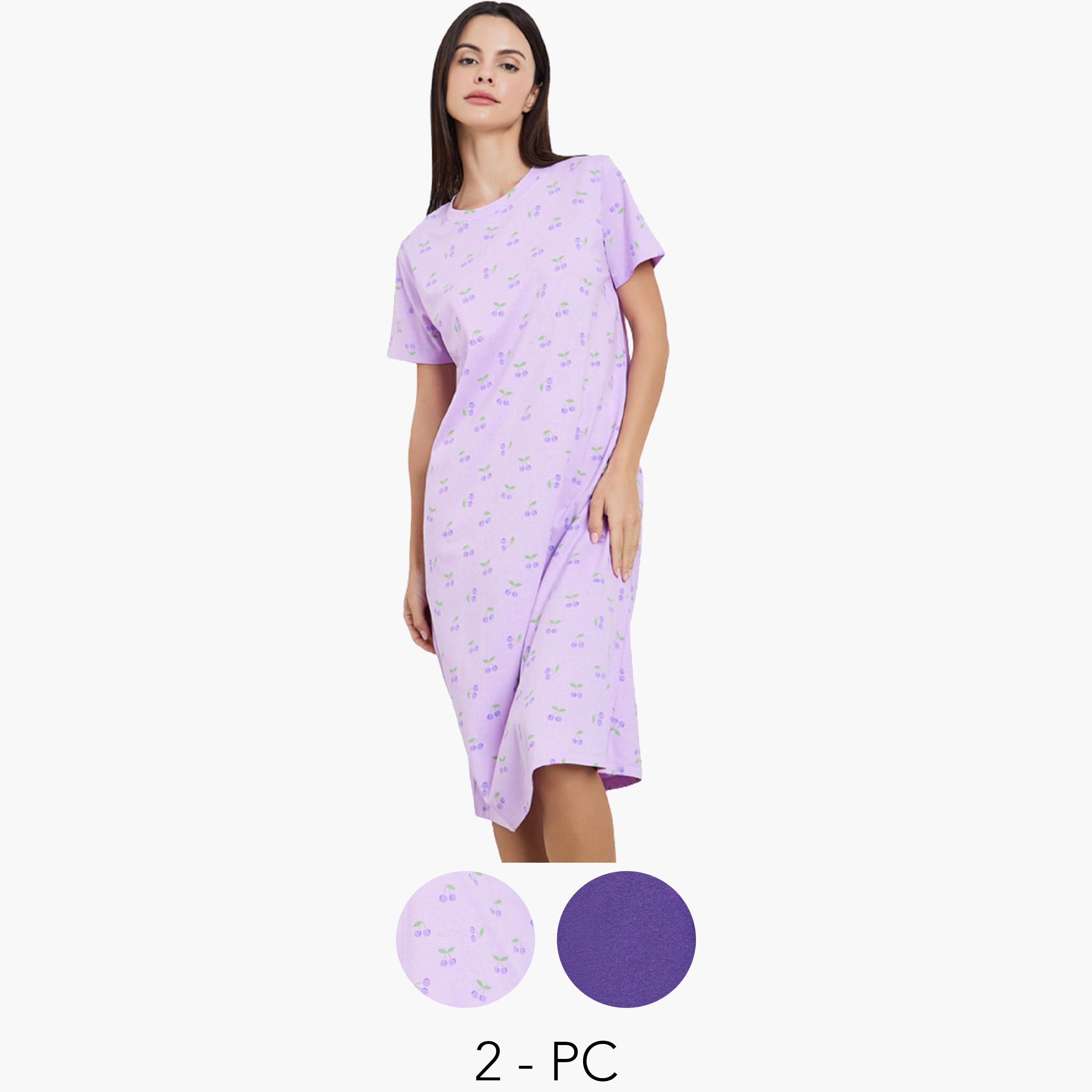 طقم من 2 قميص نوم بأكمام قصيرة وطبعة كرز-women-clothing-nightwear-nighties-image-1
