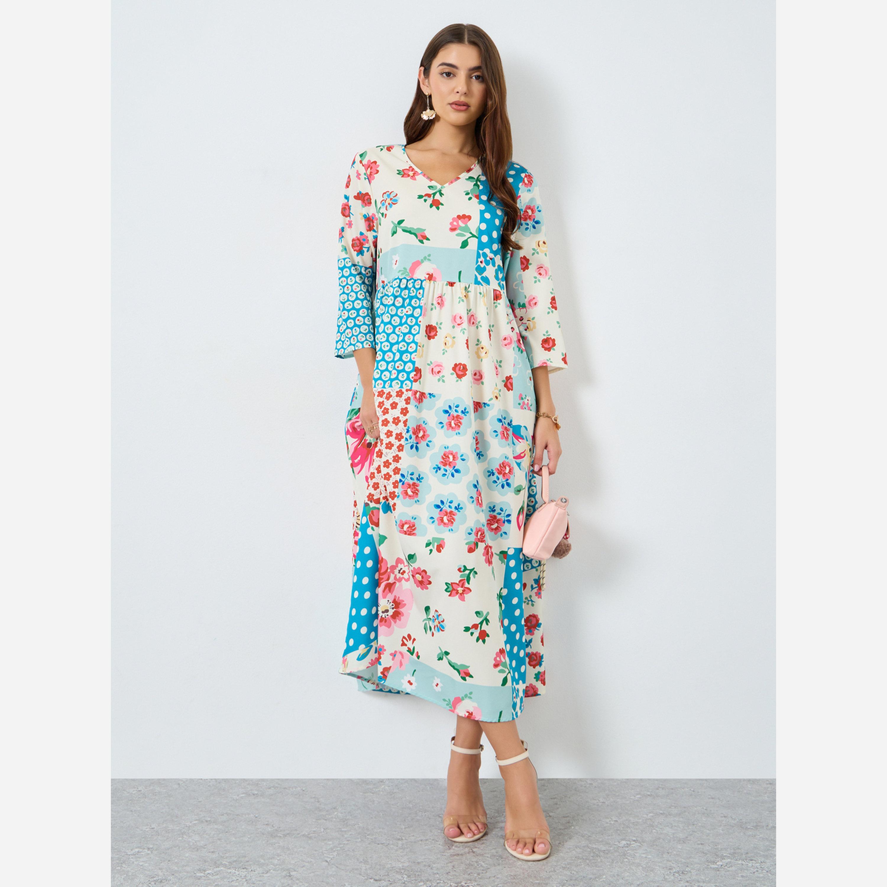 تيك تو - فستان متوسط الطول تصميم A بطبعة زهور-women-clothing-dresses-image-1