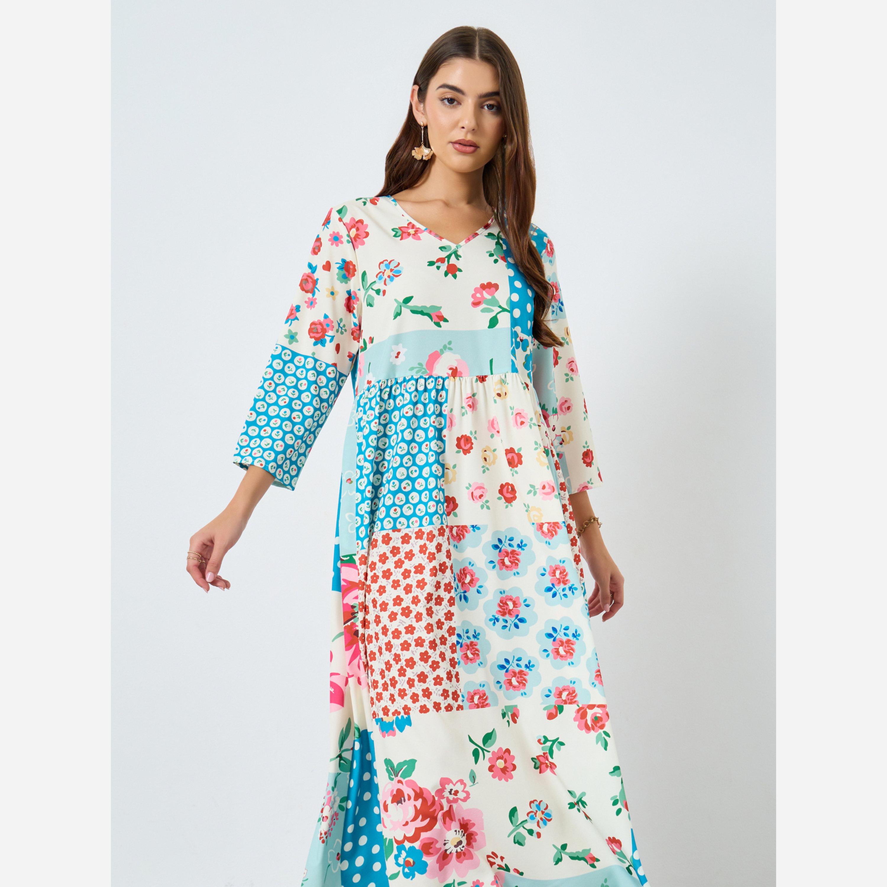 تيك تو - فستان متوسط الطول تصميم A بطبعة زهور-women-clothing-dresses-image-2