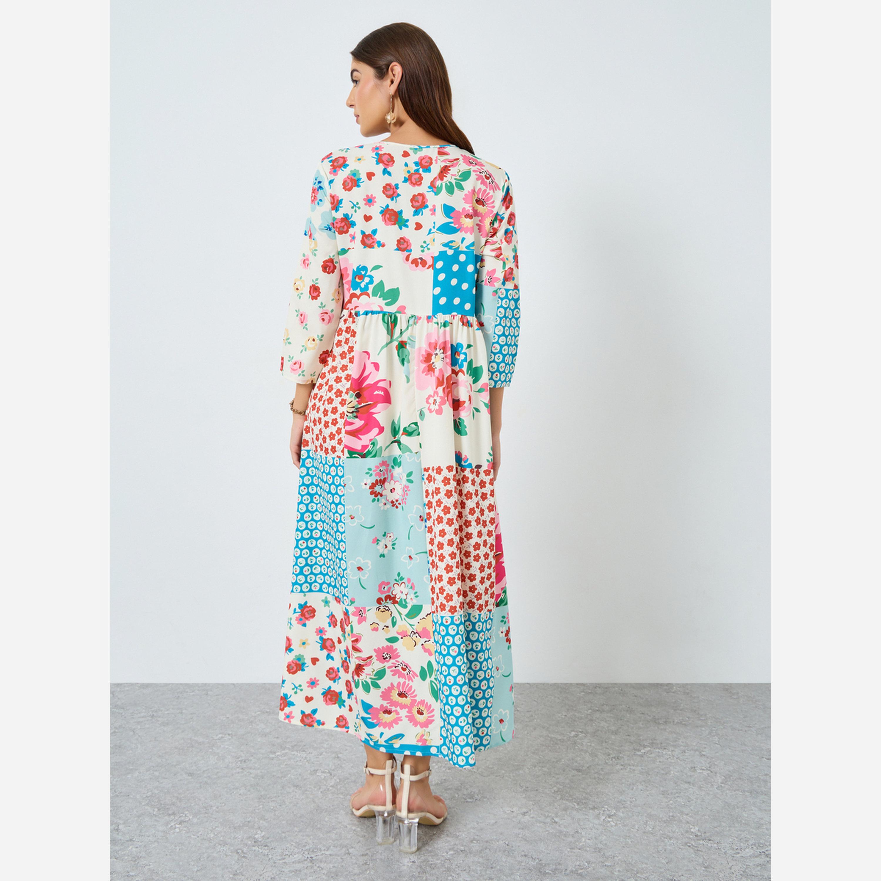 تيك تو - فستان متوسط الطول تصميم A بطبعة زهور-women-clothing-dresses-image-3