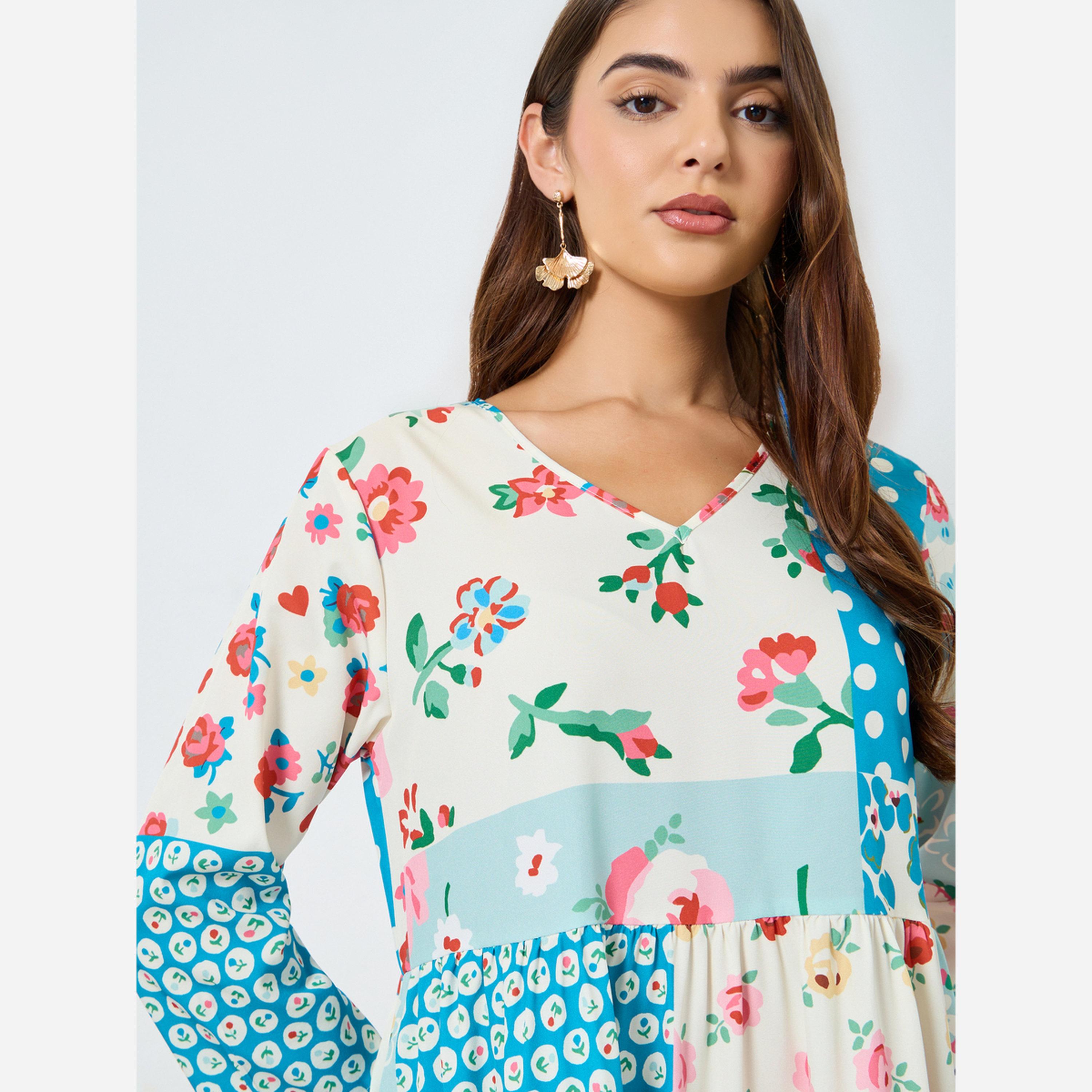 تيك تو - فستان متوسط الطول تصميم A بطبعة زهور-women-clothing-dresses-image-4