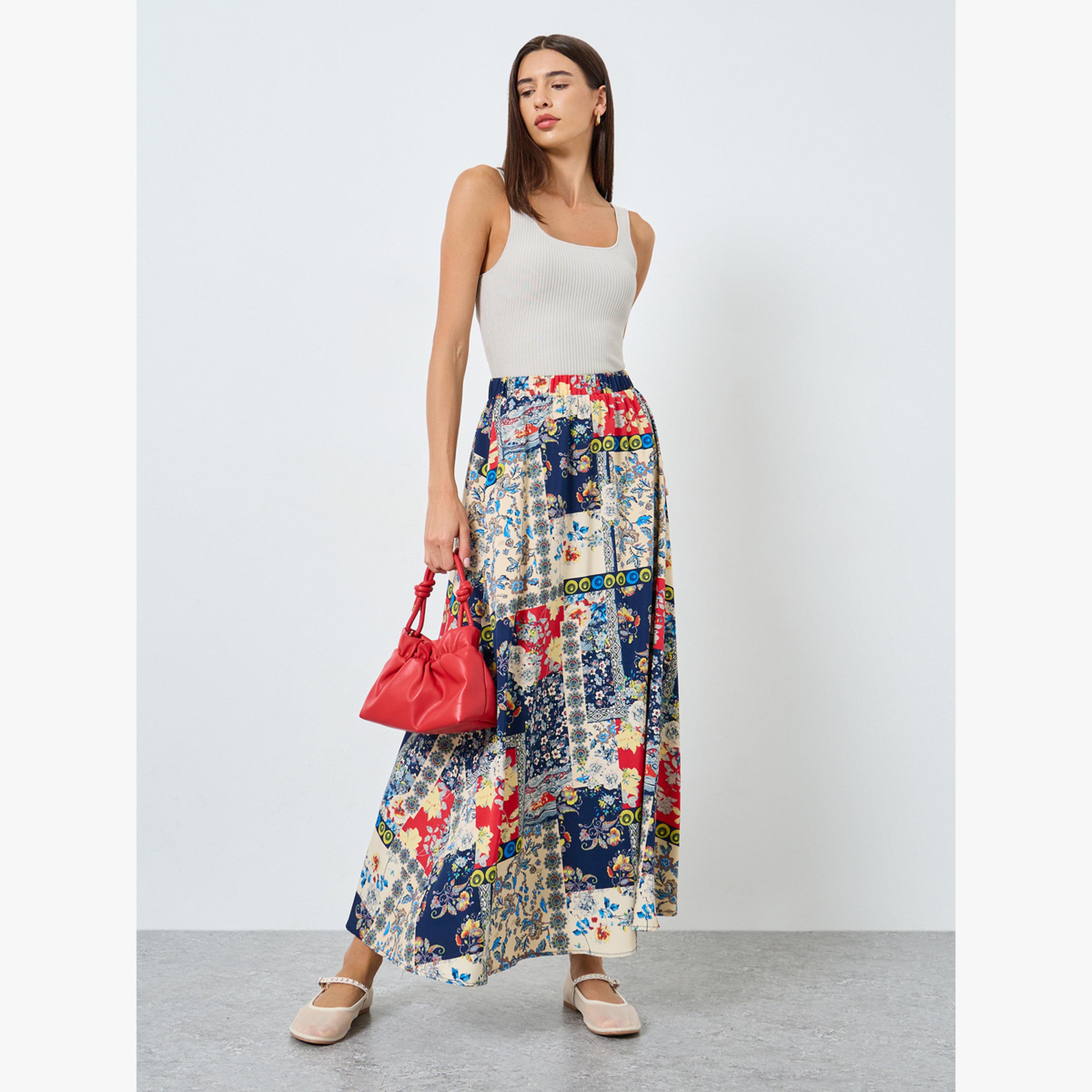 تنورة بطبعة كاملة بخصر مطاطي-women-clothing-bottoms-skirts-image-2