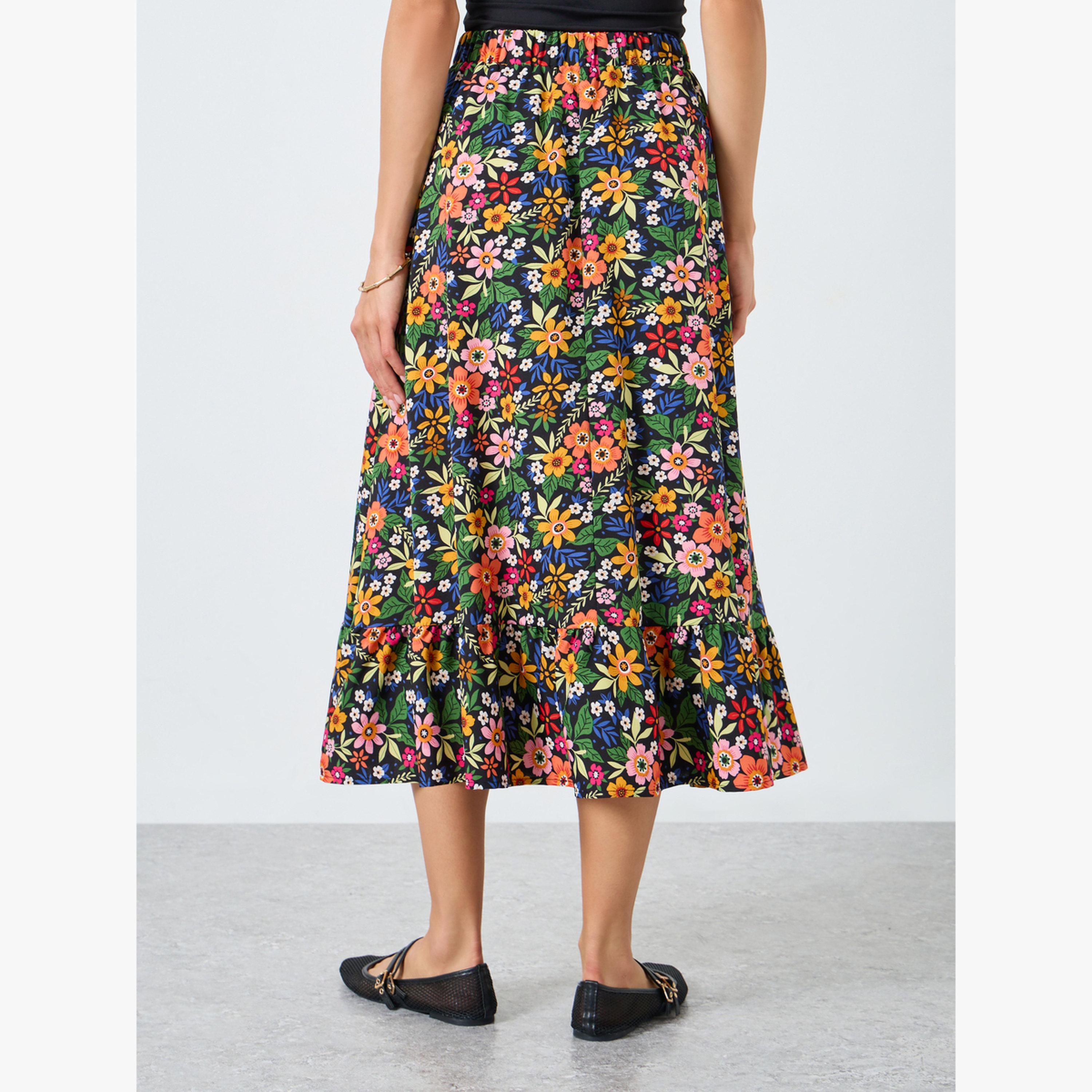 تنورة بطبعة زهور بخصر مطاطي-women-clothing-bottoms-skirts-image-4