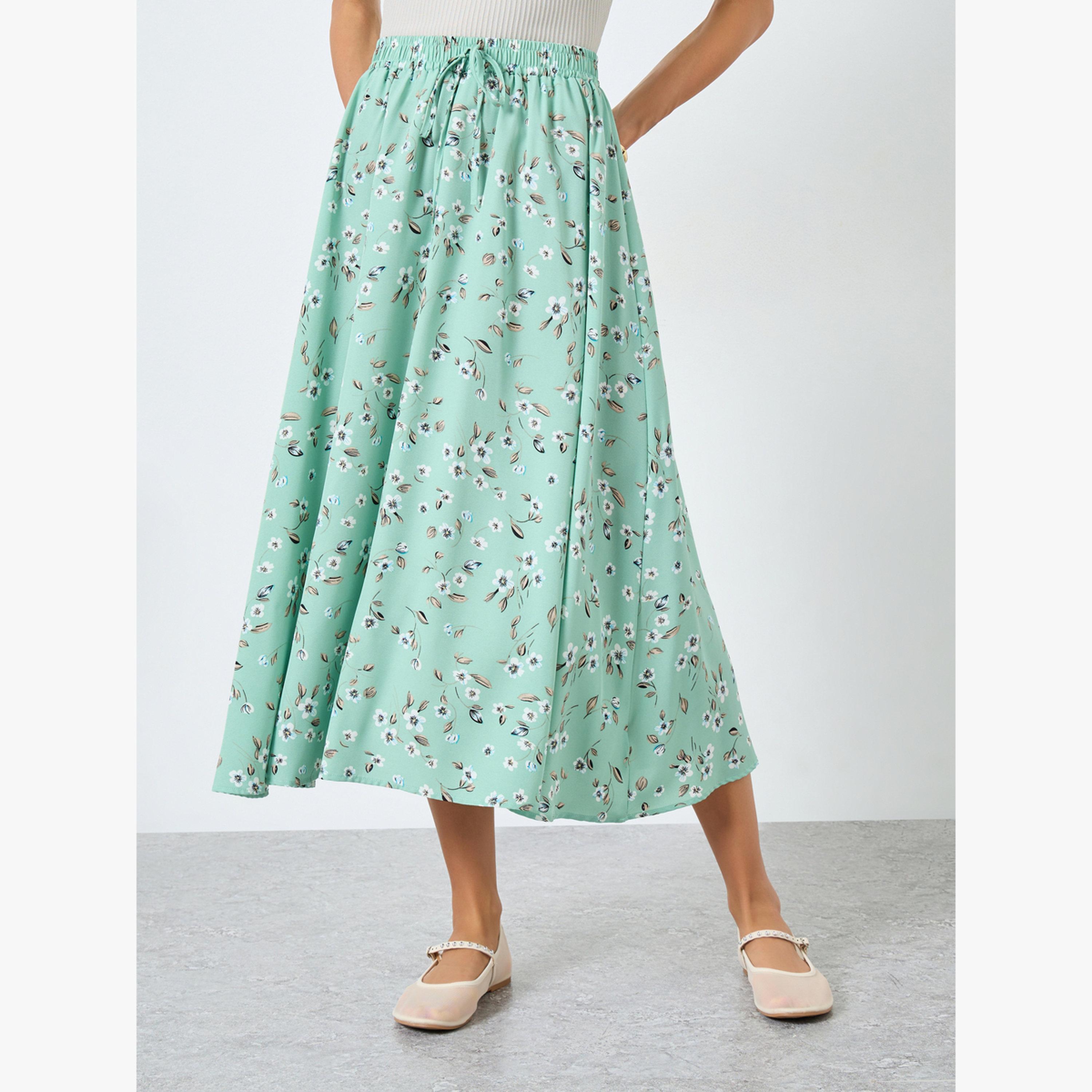 تنورة بطبعة زهور بخصر مطاطي ورباط خصر-women-clothing-bottoms-skirts-image-1