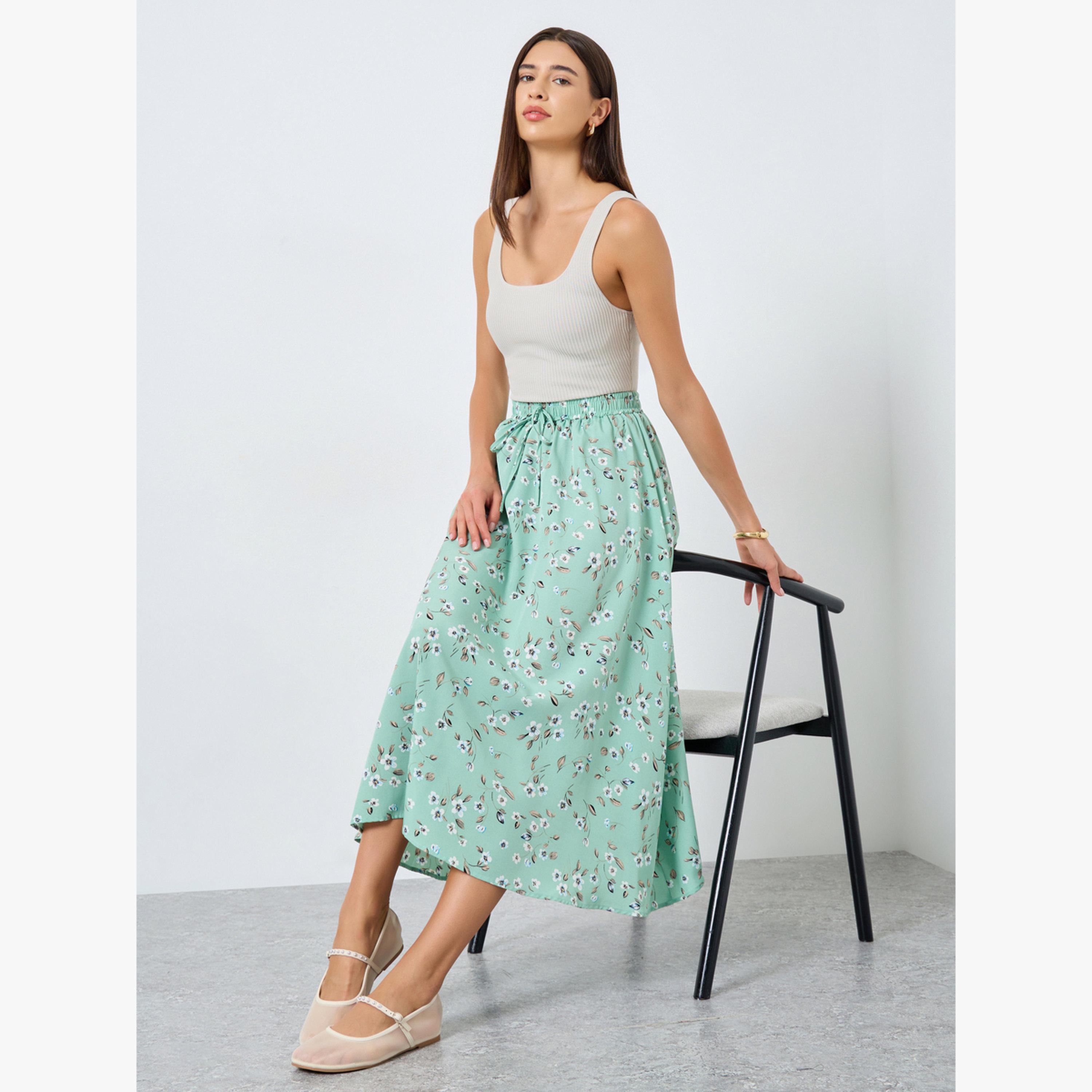 تنورة بطبعة زهور بخصر مطاطي ورباط خصر-women-clothing-bottoms-skirts-image-2