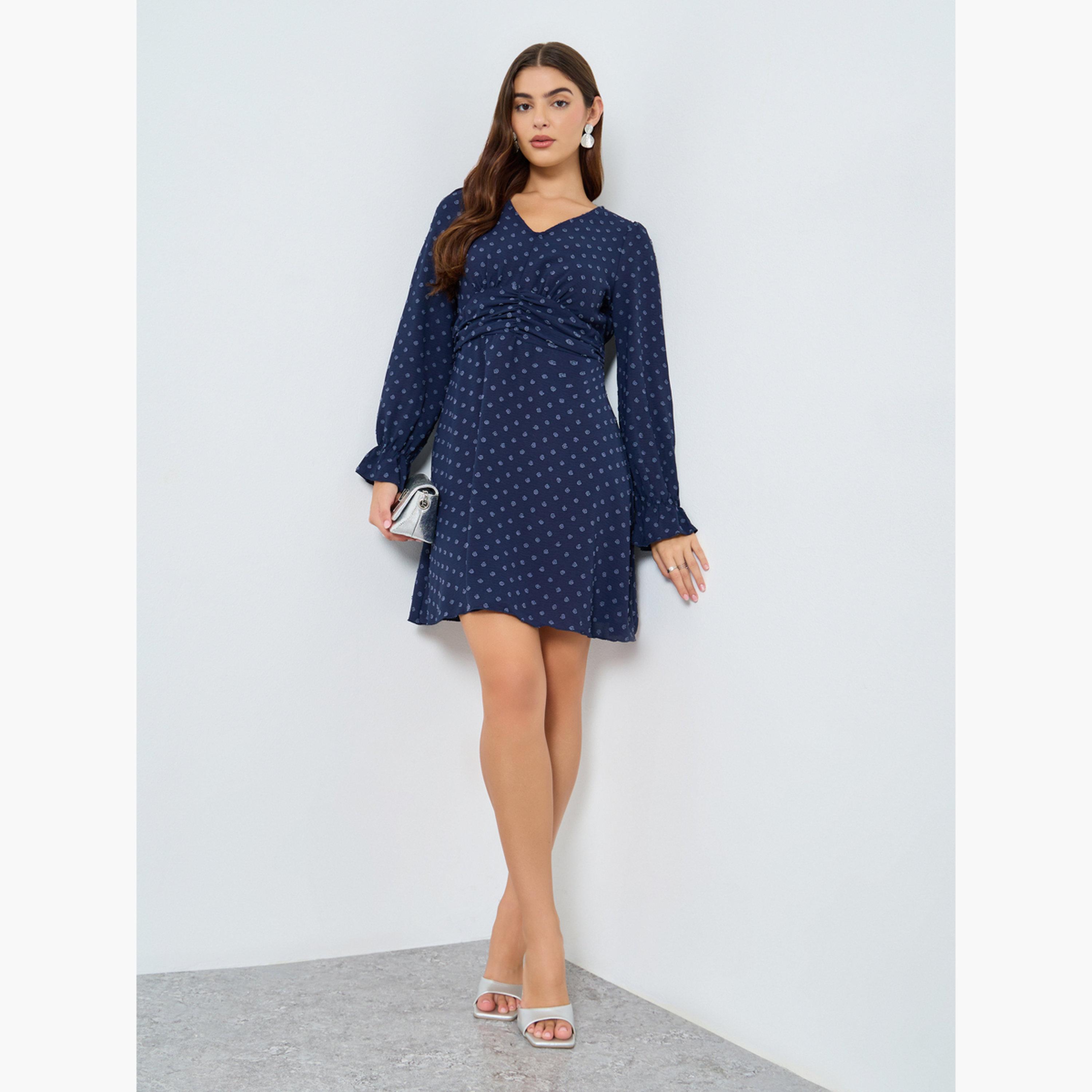 Take Two Navy Polka Dot Print A-Line Mini Dress-women-clothing-dresses-image-2