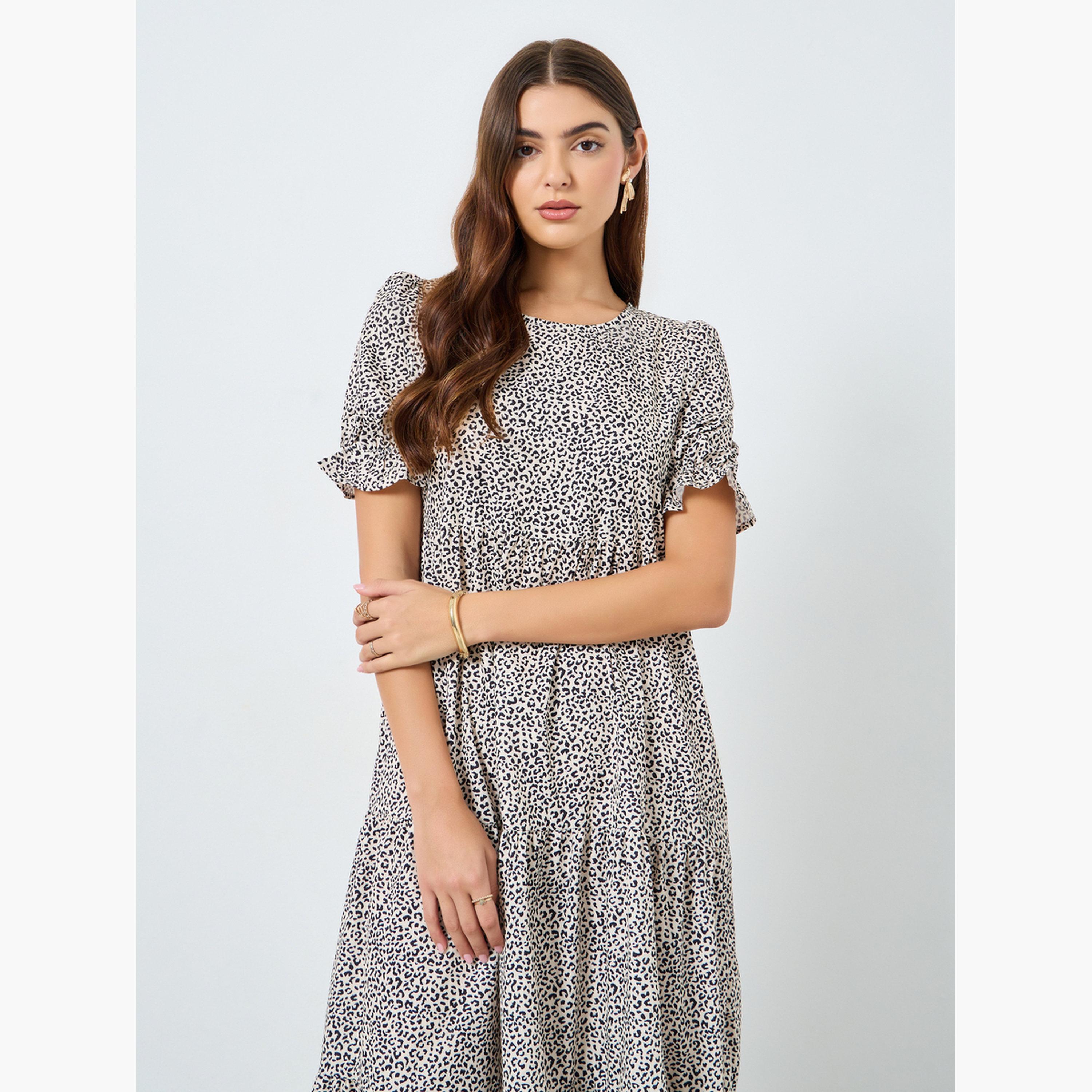تيك تو - فستان متوسط الطول بطبعة الفهد بياقة دائرية تصميم واسع من الأسفل-women-clothing-dresses-image-2