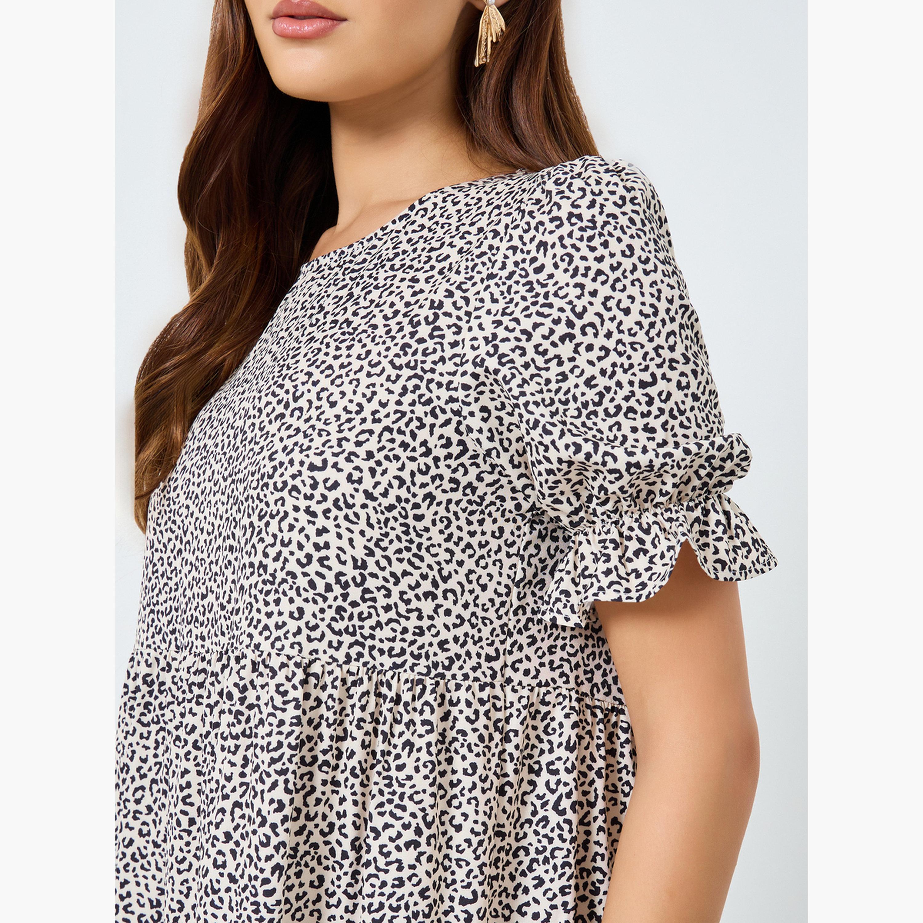 تيك تو - فستان متوسط الطول بطبعة الفهد بياقة دائرية تصميم واسع من الأسفل-women-clothing-dresses-image-4