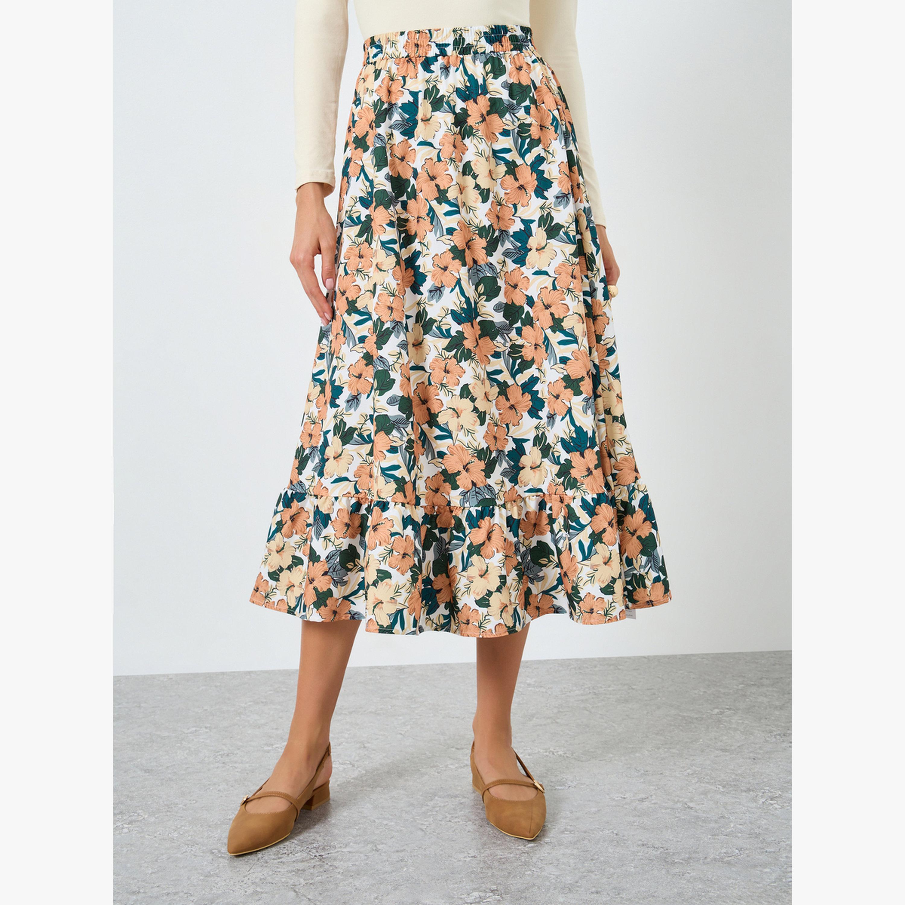 تنورة بطبعة زهور بخصر مطاطي-women-clothing-bottoms-skirts-image-1
