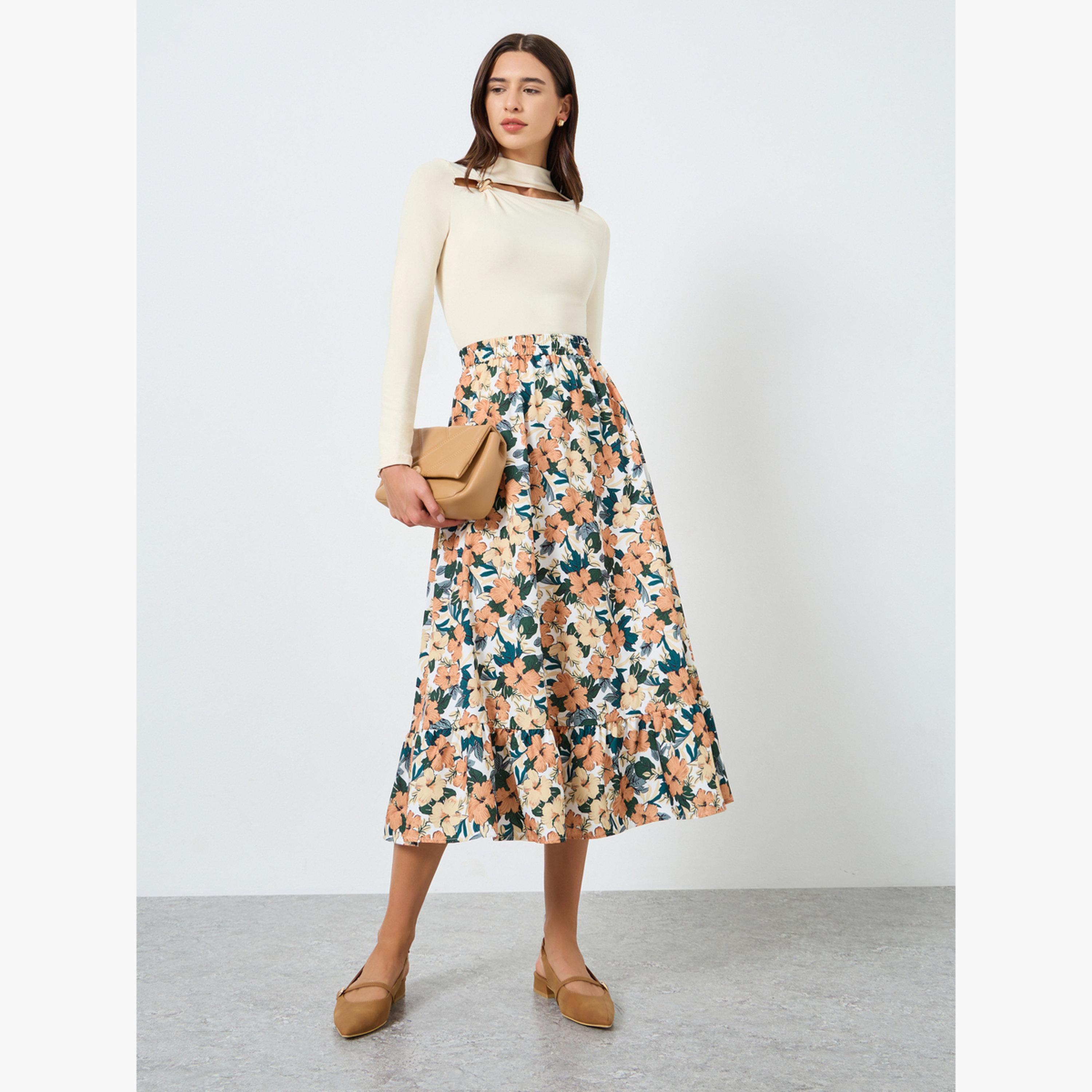 تنورة بطبعة زهور بخصر مطاطي-women-clothing-bottoms-skirts-image-2