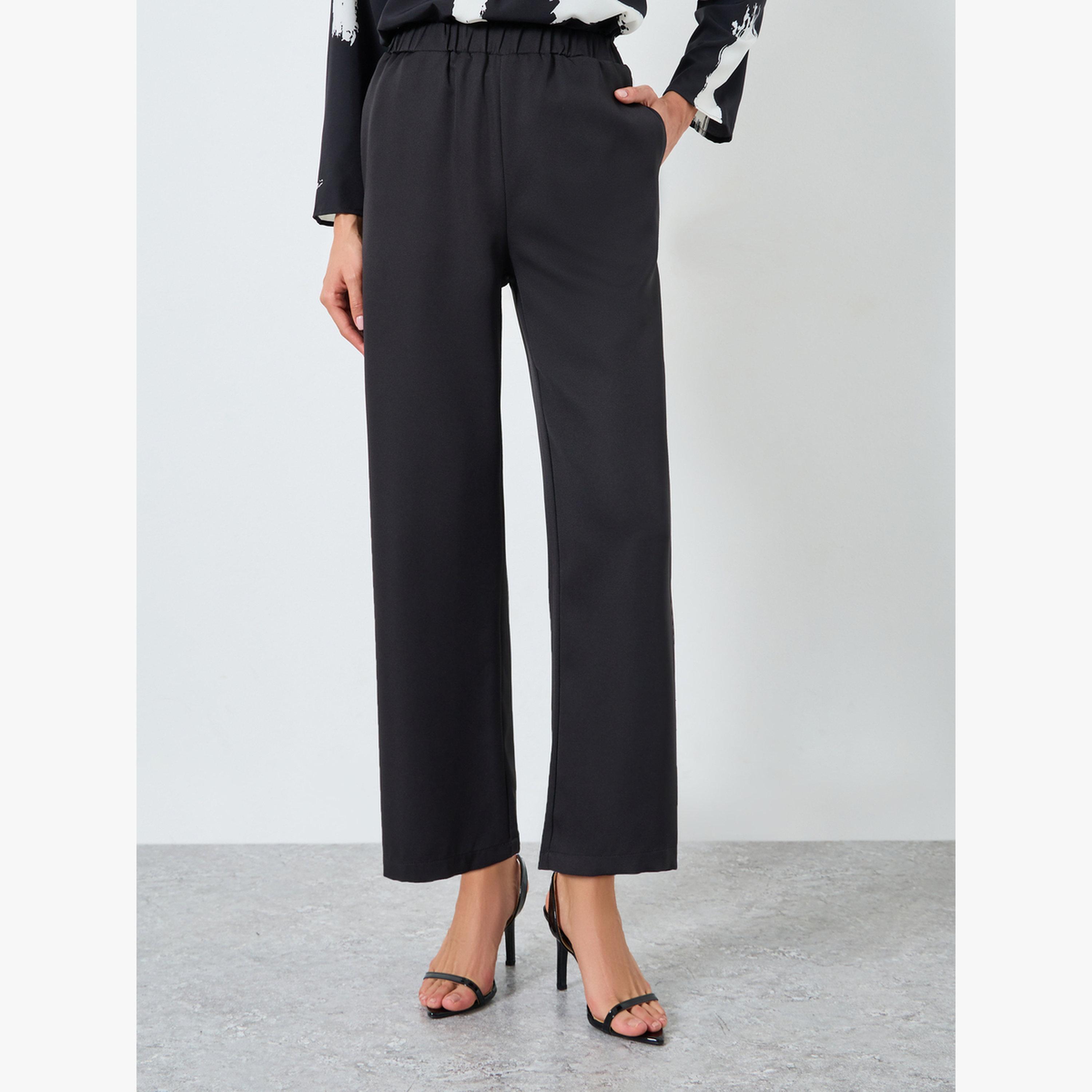 بنطال بأرجل مستقيمة بخصر مطاطي سادة-women-clothing-bottoms-trousers-image-1