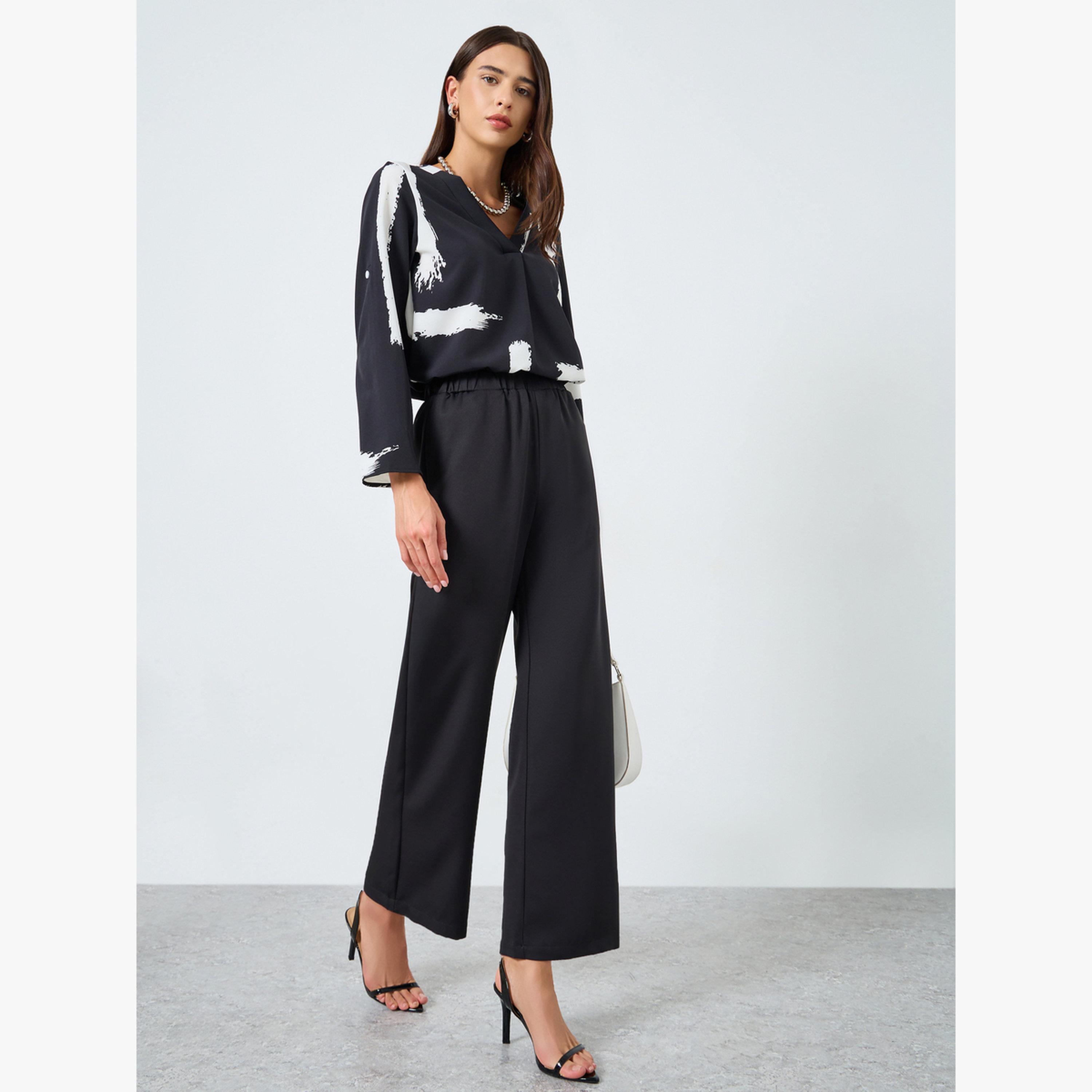بنطال بأرجل مستقيمة بخصر مطاطي سادة-women-clothing-bottoms-trousers-image-2