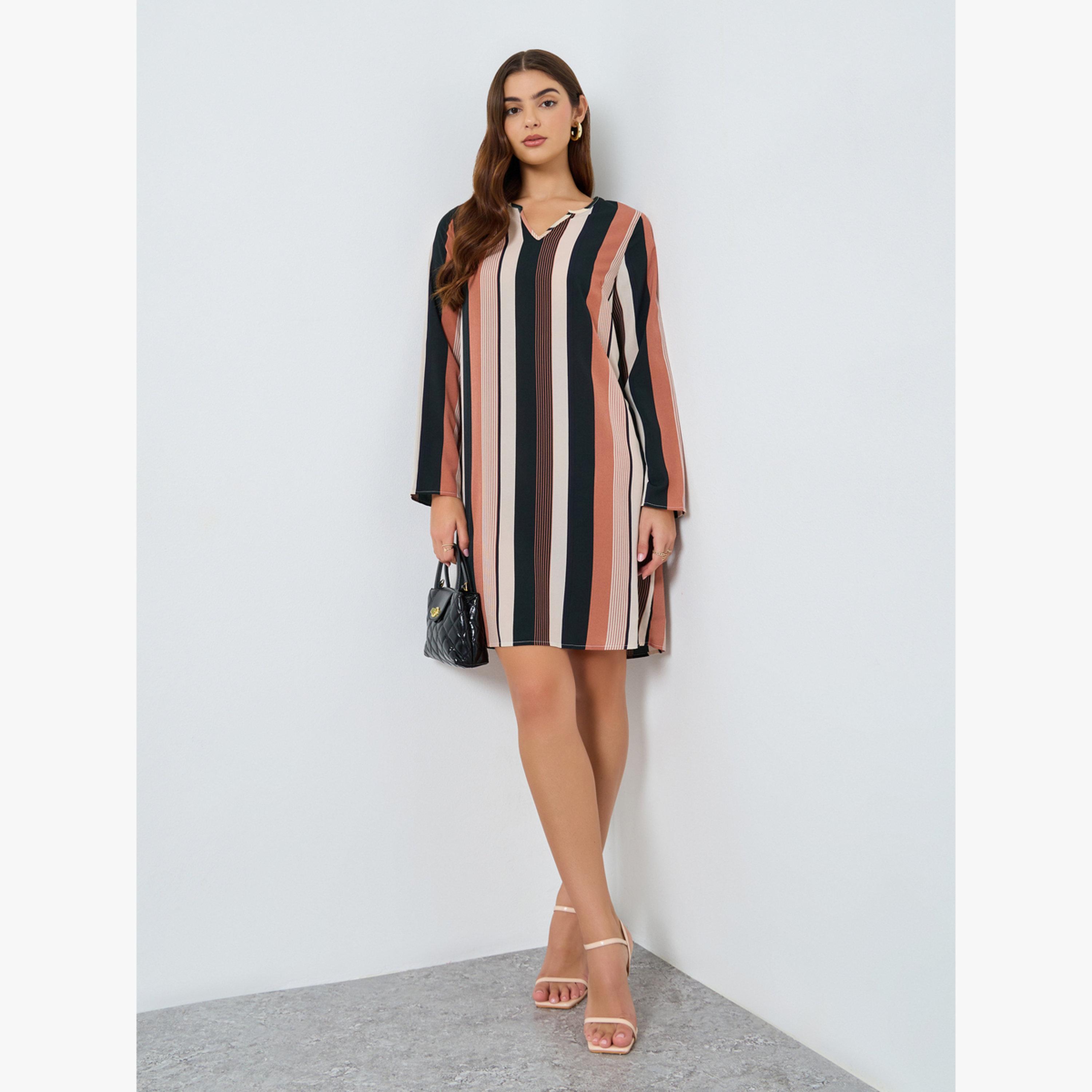 فستان قصير بأكمام طويلة بطبعة مخططة عريضة-women-clothing-dresses-image-2