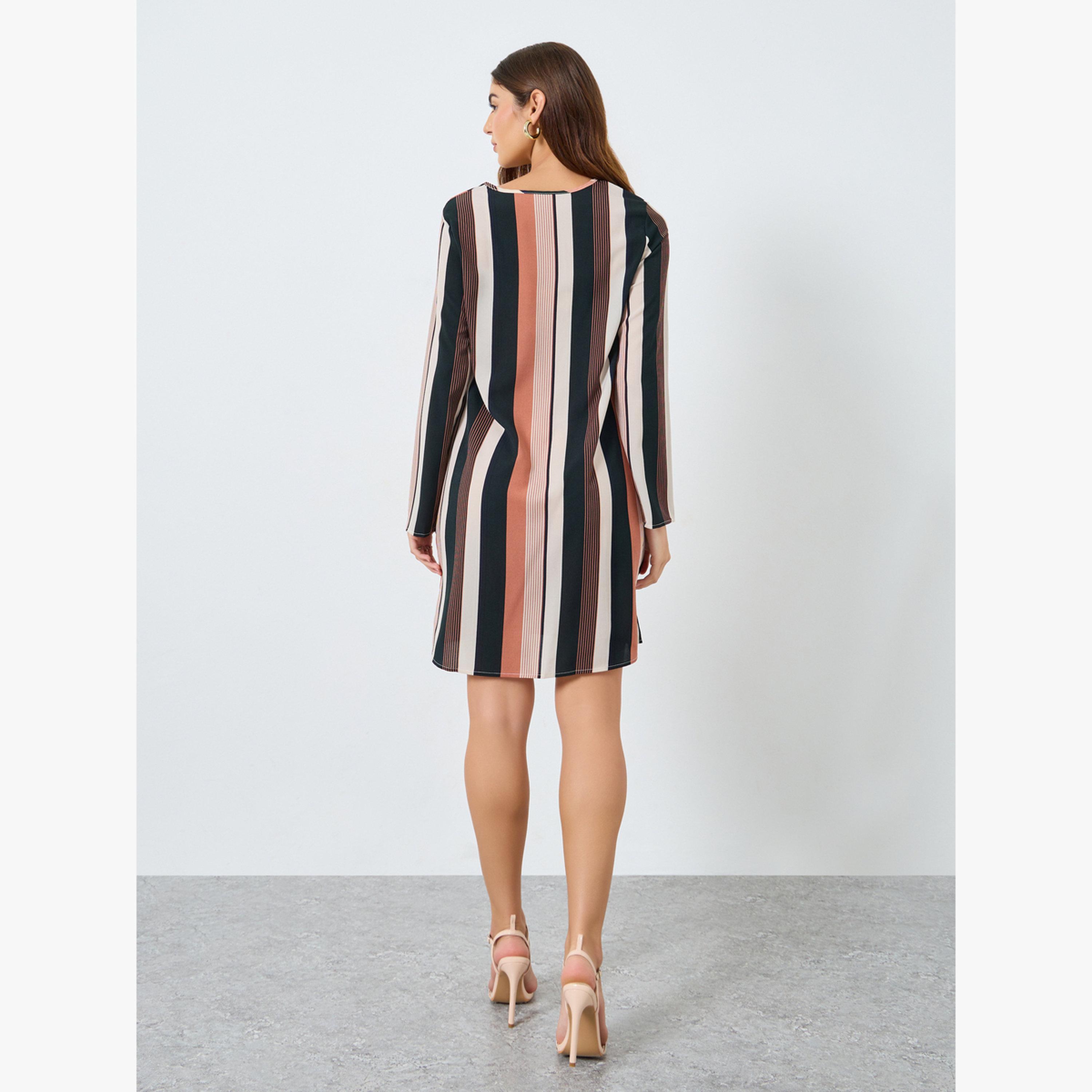 فستان قصير بأكمام طويلة بطبعة مخططة عريضة-women-clothing-dresses-image-3