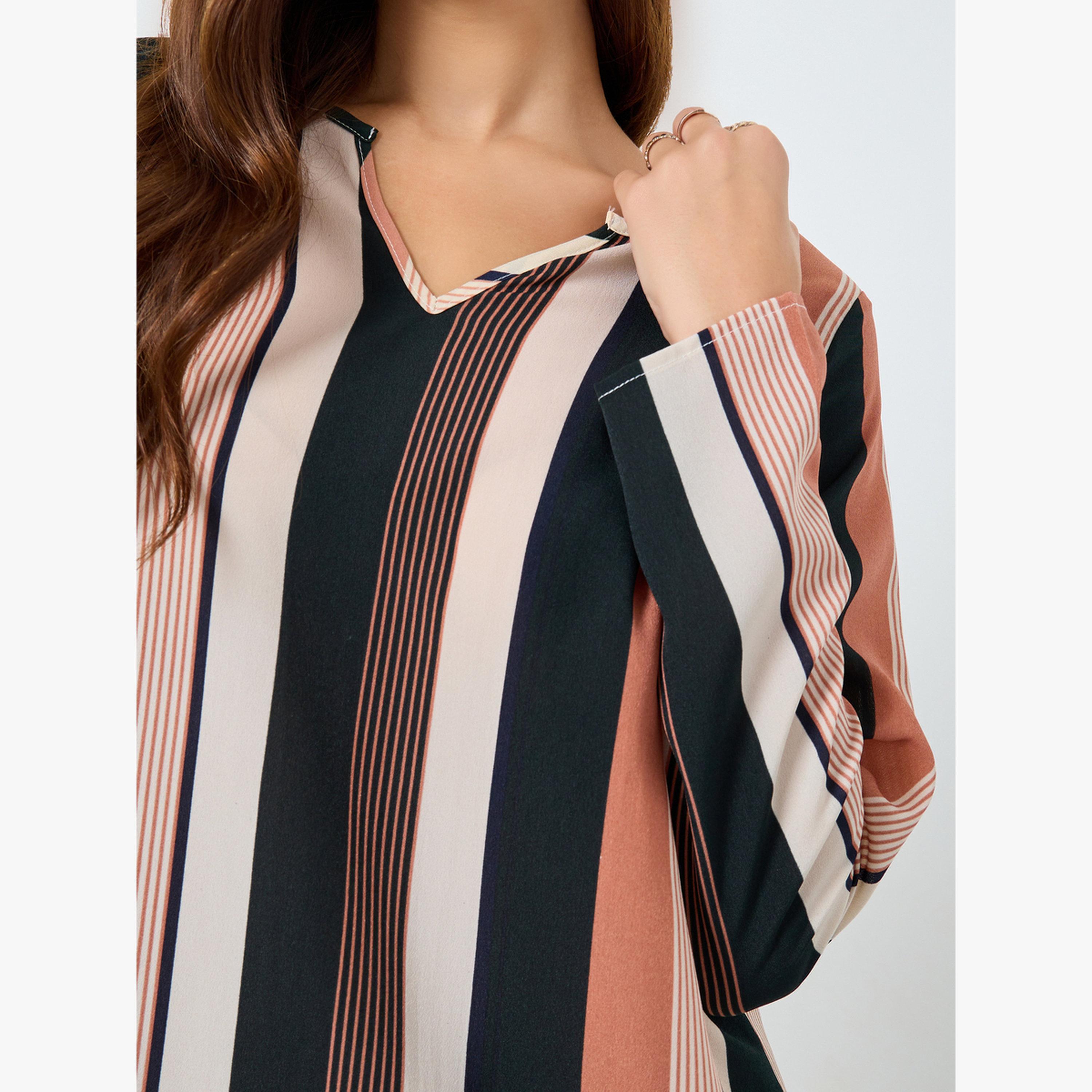 فستان قصير بأكمام طويلة بطبعة مخططة عريضة-women-clothing-dresses-image-4