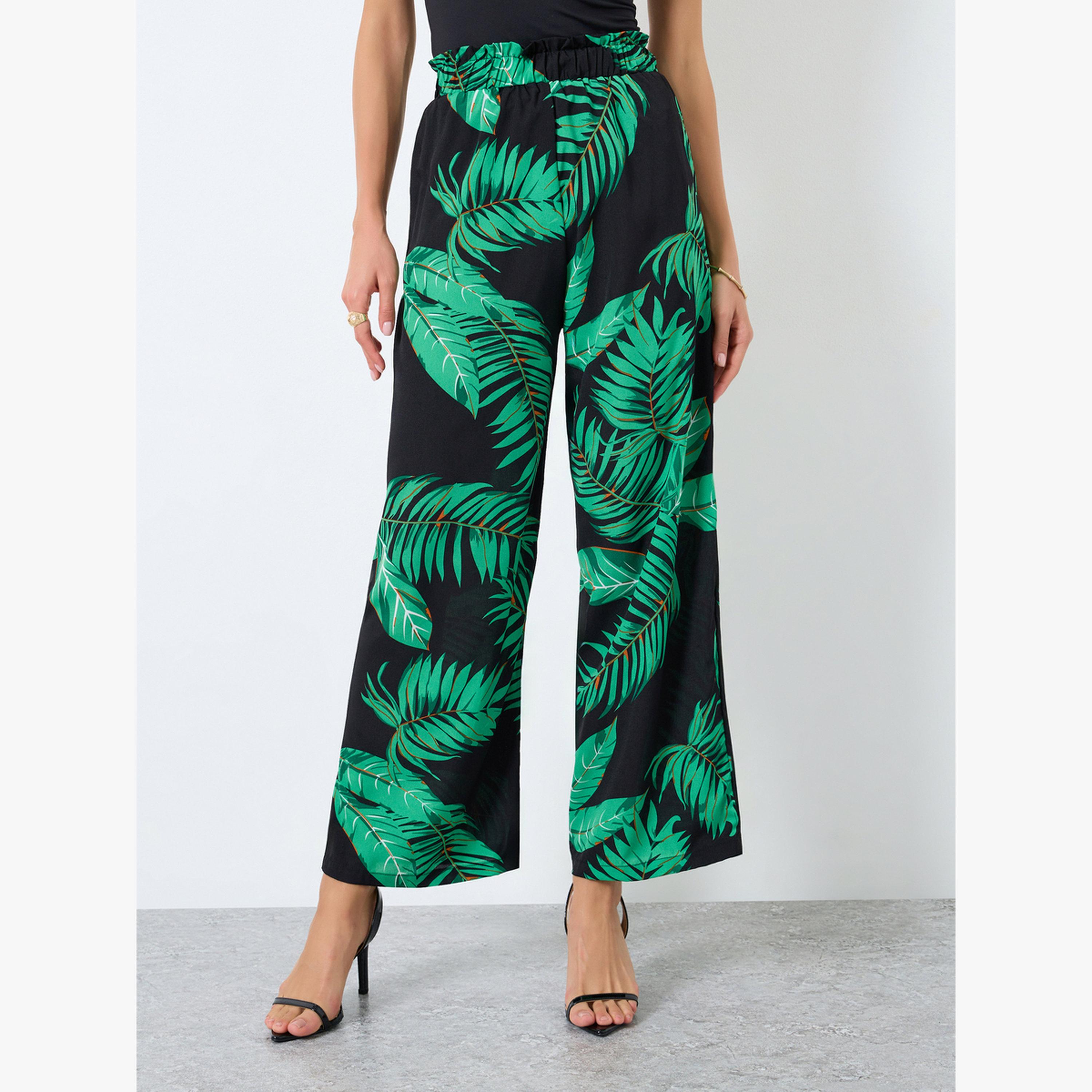 بنطال نسائي مستقيم الساق بطبعة زهور وخصر مطاطي-women-clothing-bottoms-trousers-image-1