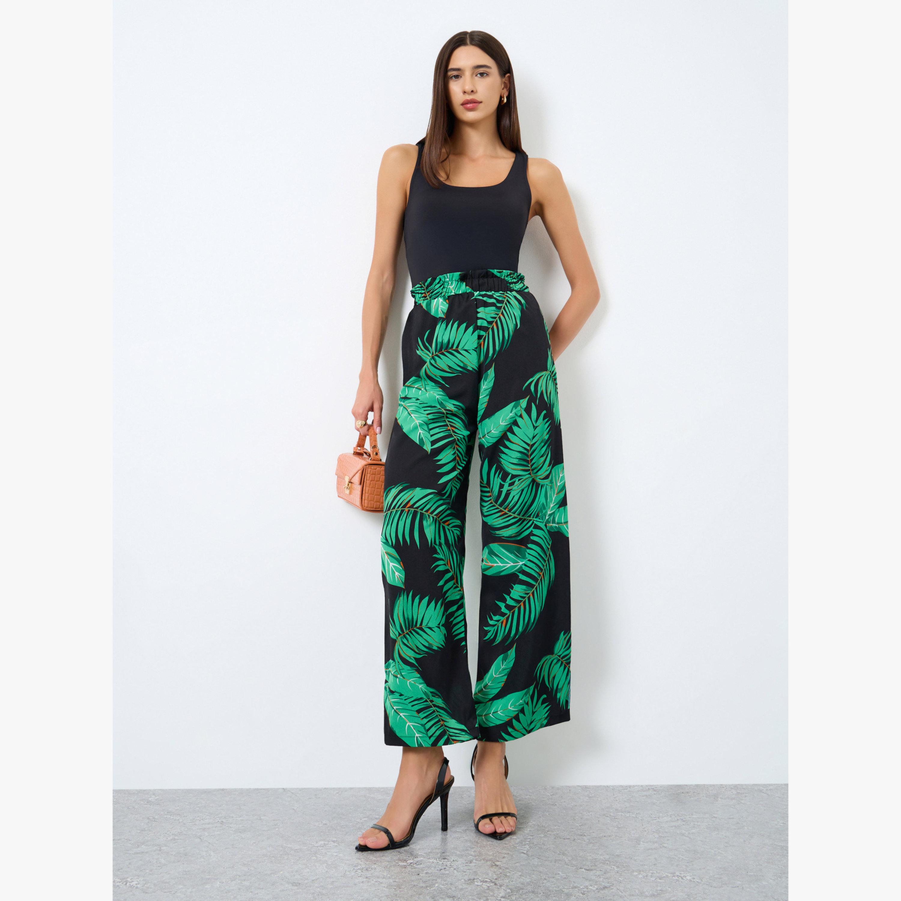 بنطال نسائي مستقيم الساق بطبعة زهور وخصر مطاطي-women-clothing-bottoms-trousers-image-2