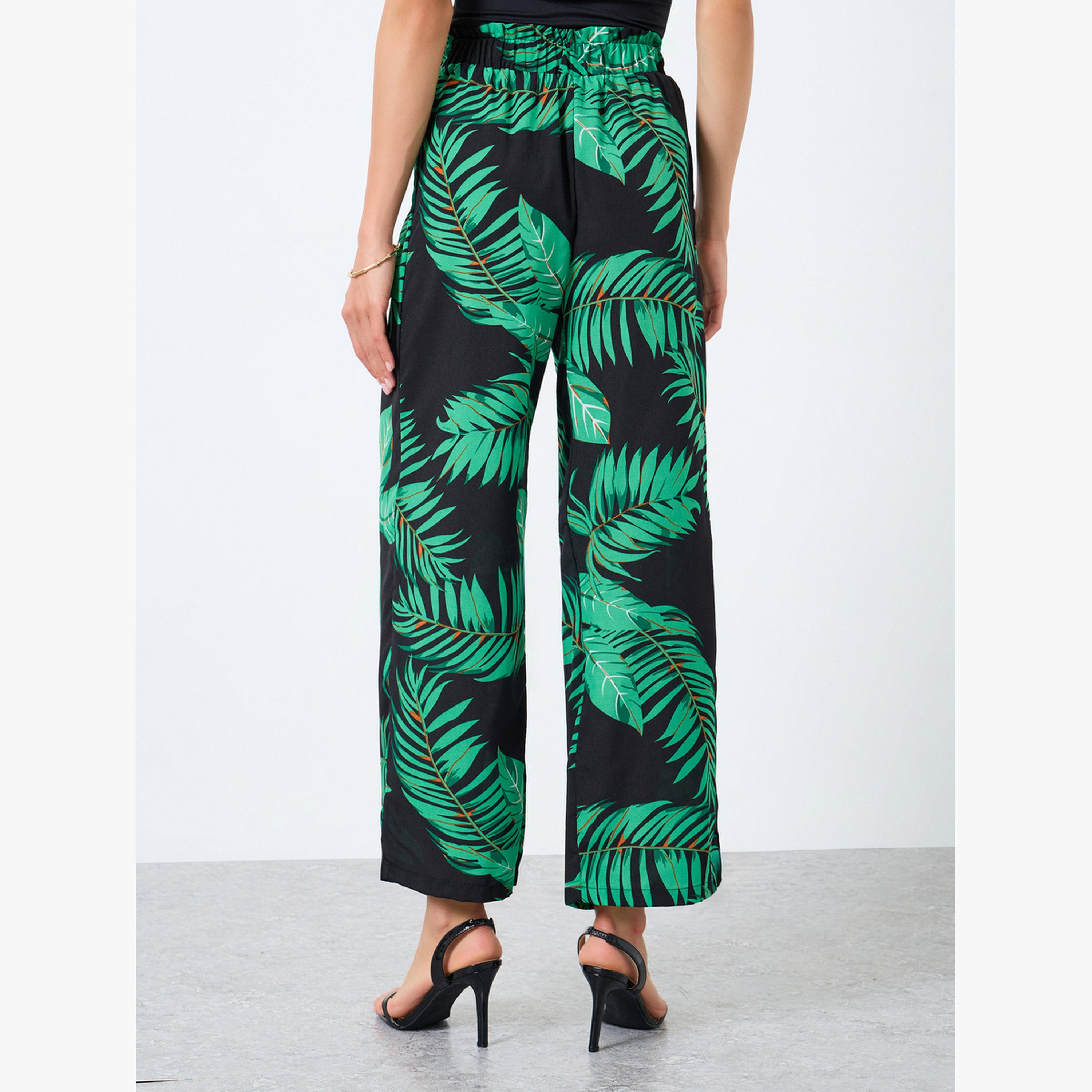 بنطال نسائي مستقيم الساق بطبعة زهور وخصر مطاطي-women-clothing-bottoms-trousers-image-3