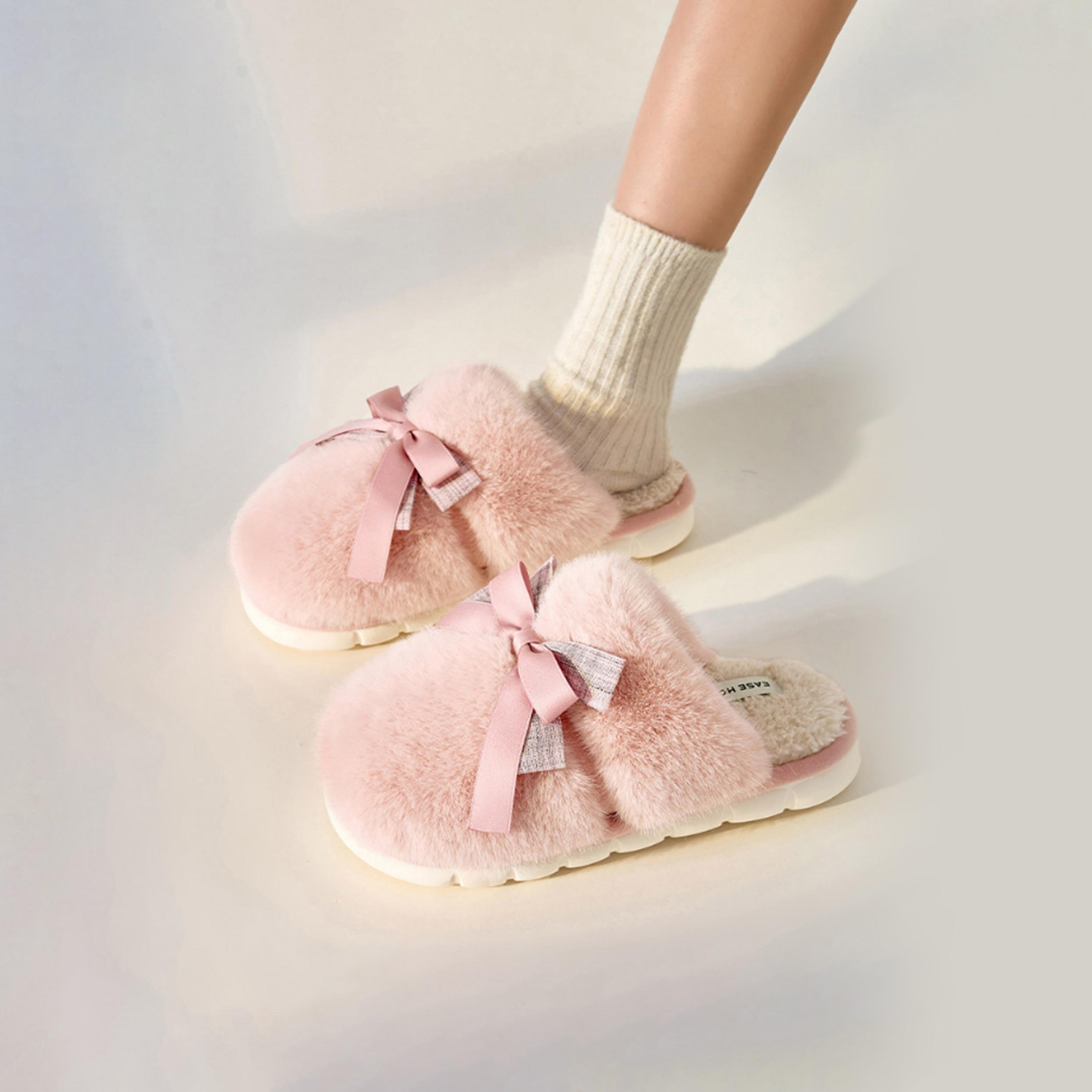 Take Two Pink Fuzzy Slippers with Bow-women-shoes-bedroomslippers-image-2