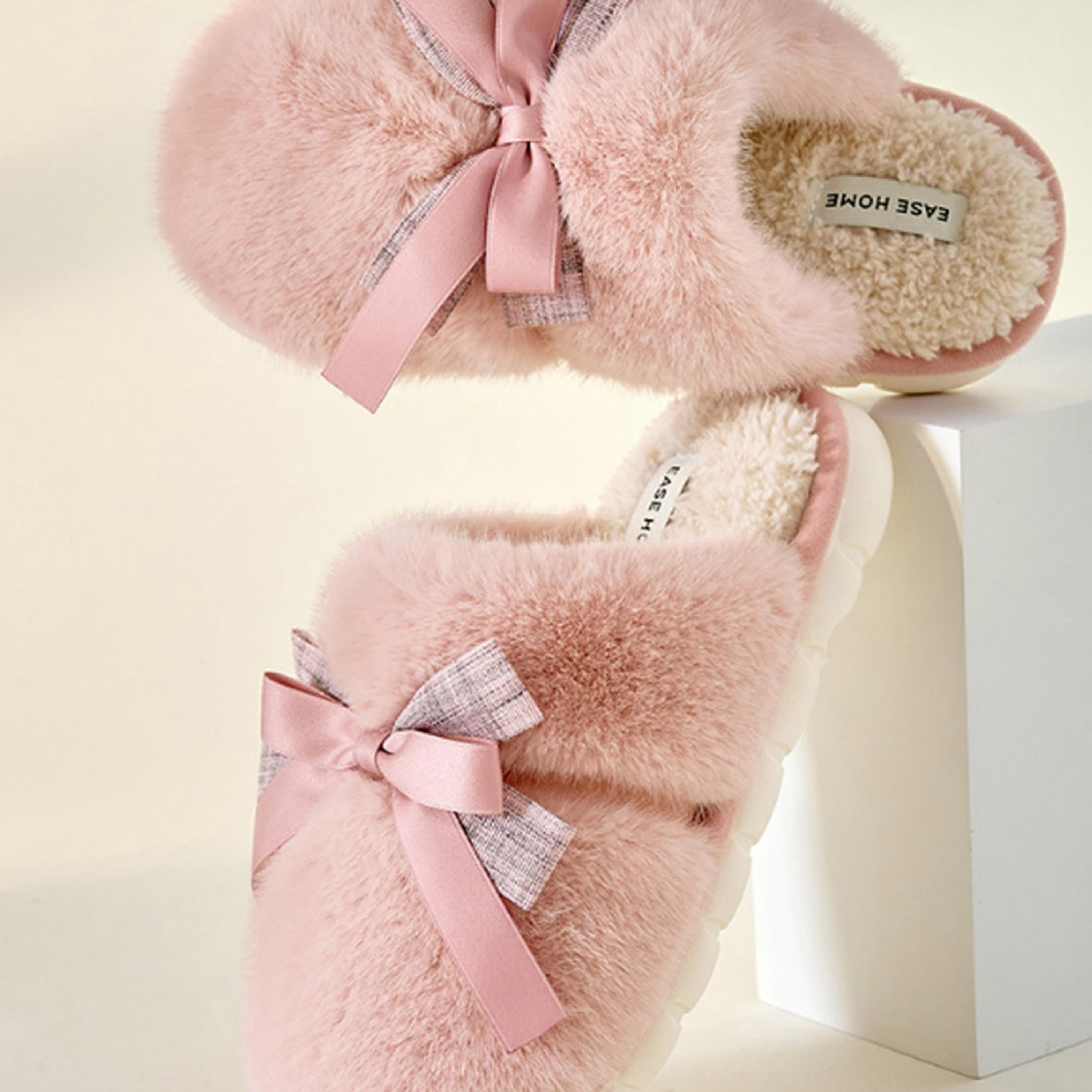 Take Two Pink Fuzzy Slippers with Bow-women-shoes-bedroomslippers-image-3