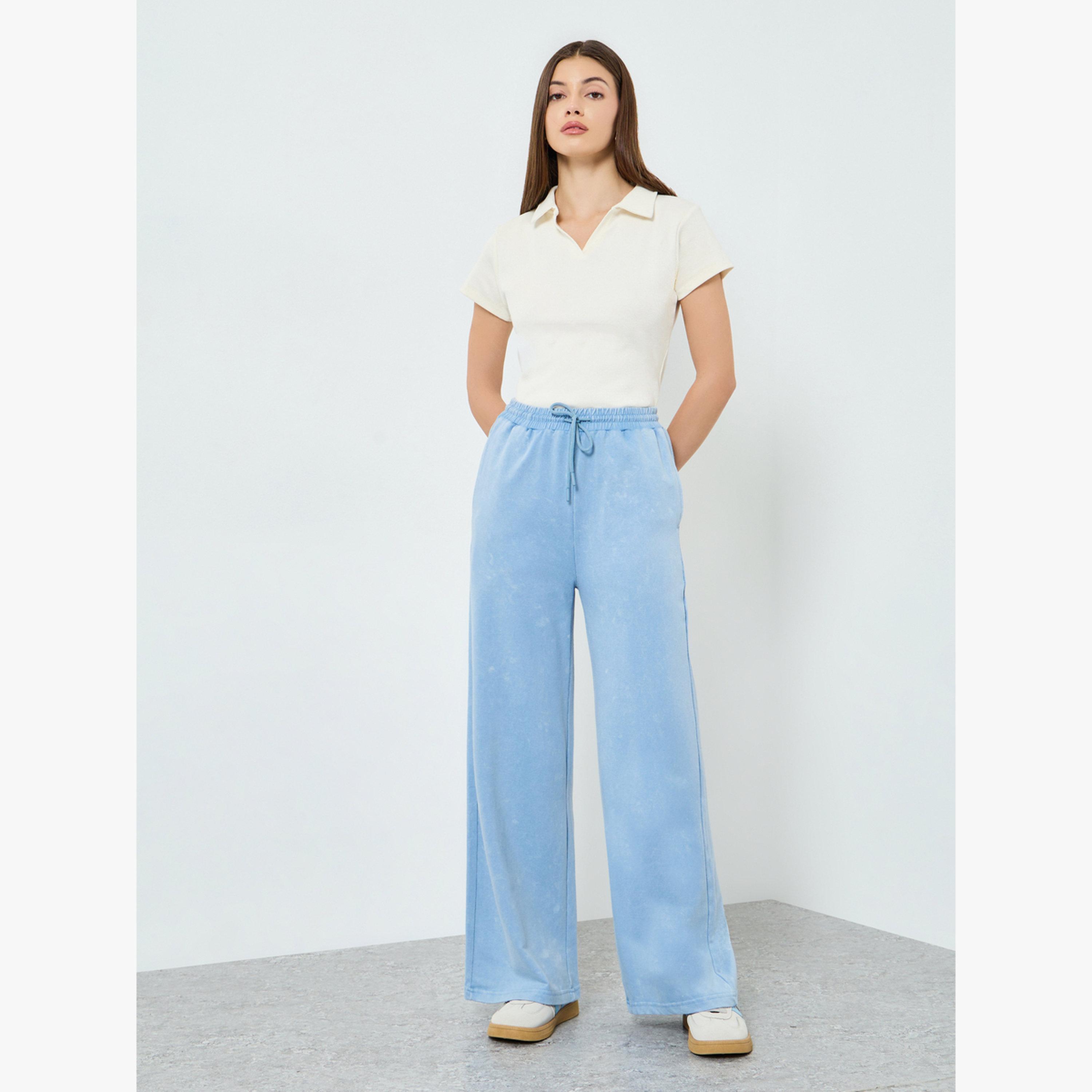 Styli Blue Cotton Washed Wide Leg Joggers-women-clothing-bottoms-joggers-image-2