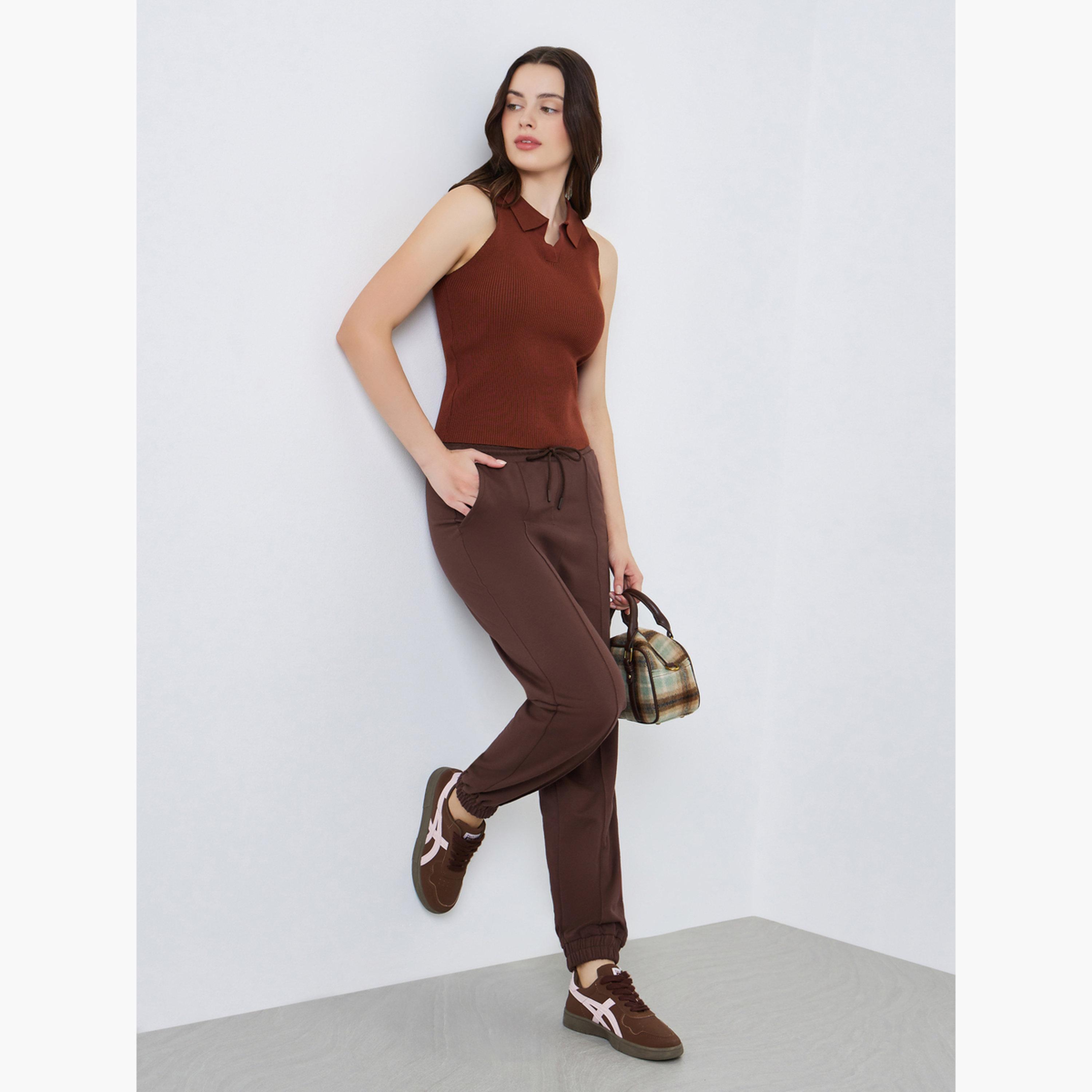Styli Women Brown Tapered Joggers with Drawstring-women-clothing-bottoms-joggers-image-2