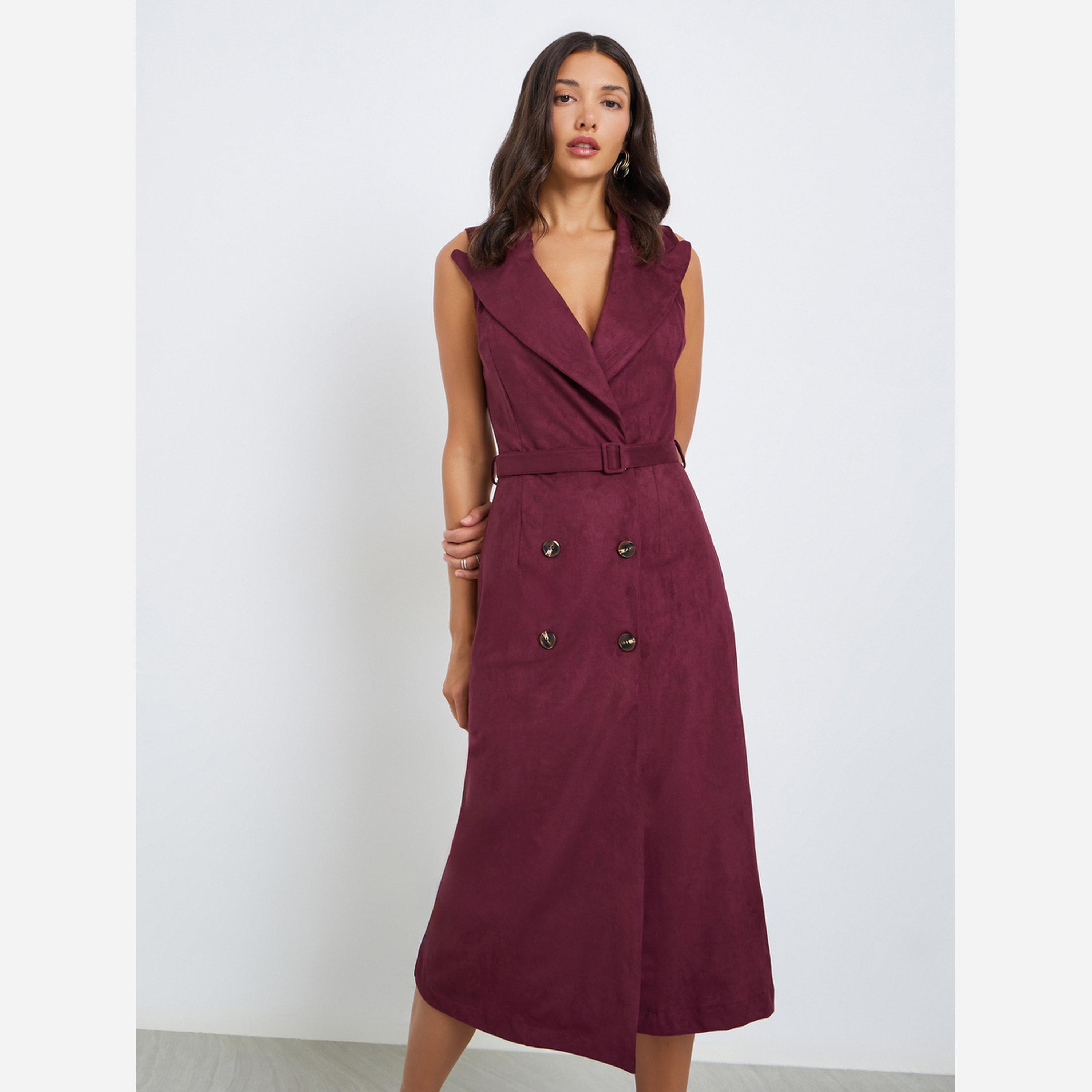 ستايلي - فستان جلد متوسط الطول بدون أكمام تصميم بليزر للنساء-women-clothing-dresses-image-1