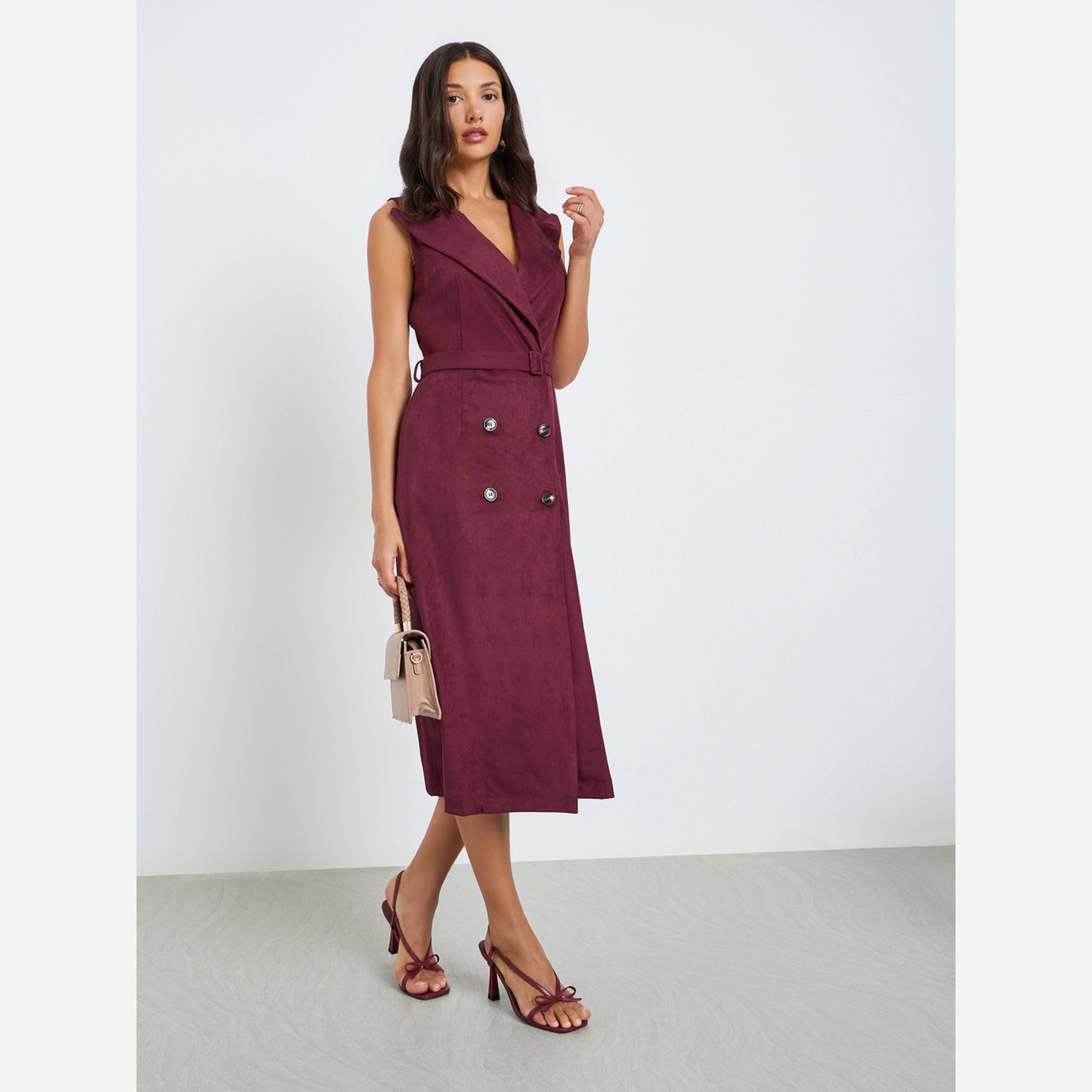 ستايلي - فستان جلد متوسط الطول بدون أكمام تصميم بليزر للنساء-women-clothing-dresses-image-2