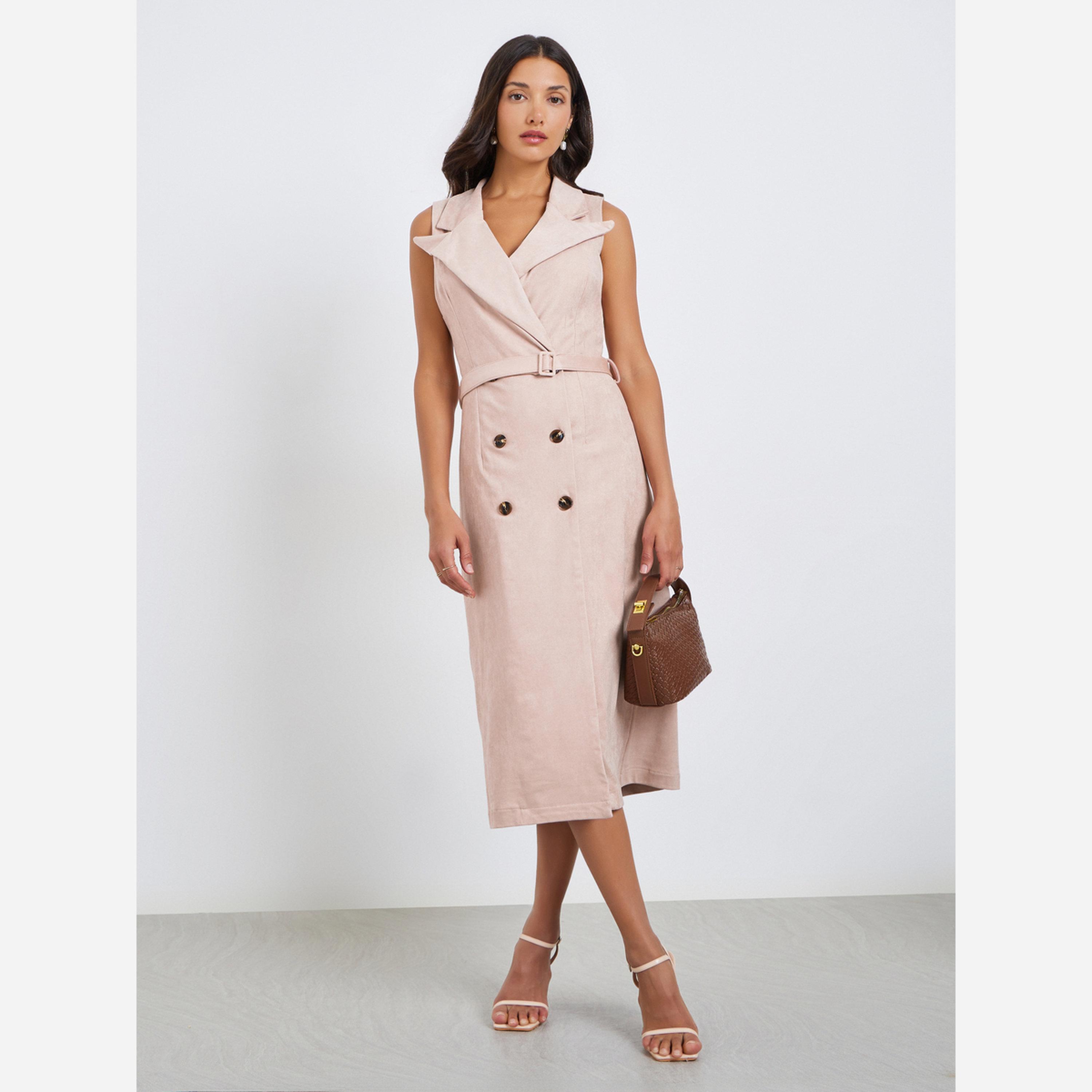 ستايلي - فستان جلد متوسط الطول بدون أكمام تصميم بليزر للنساء-women-clothing-dresses-image-1