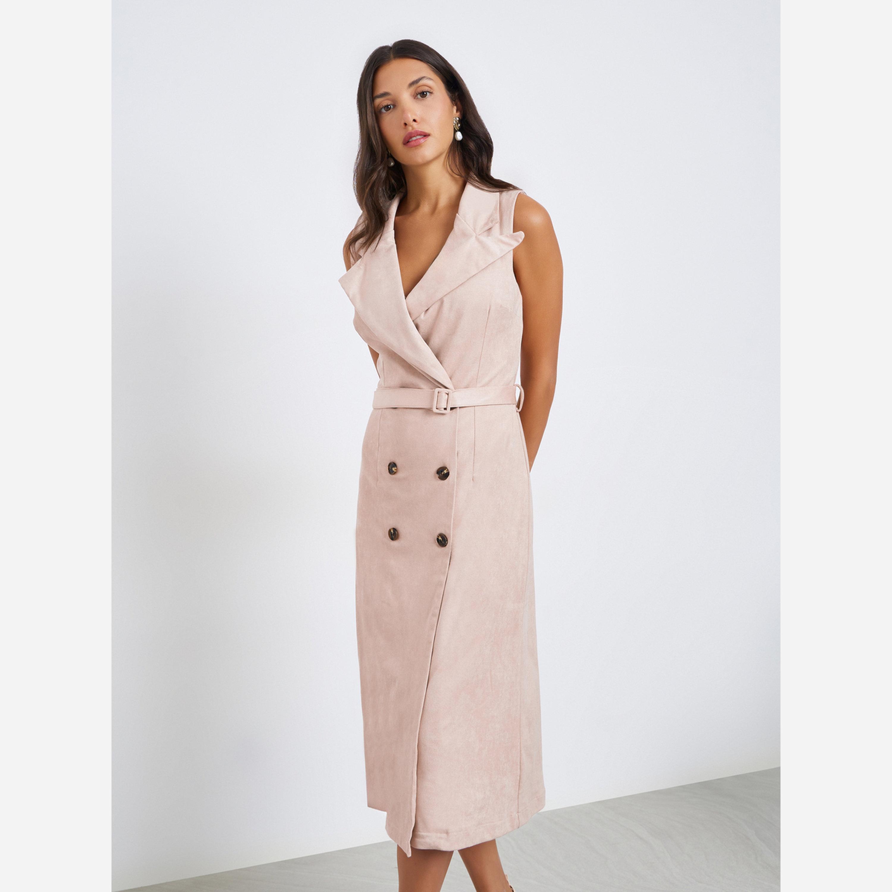 ستايلي - فستان جلد متوسط الطول بدون أكمام تصميم بليزر للنساء-women-clothing-dresses-image-2