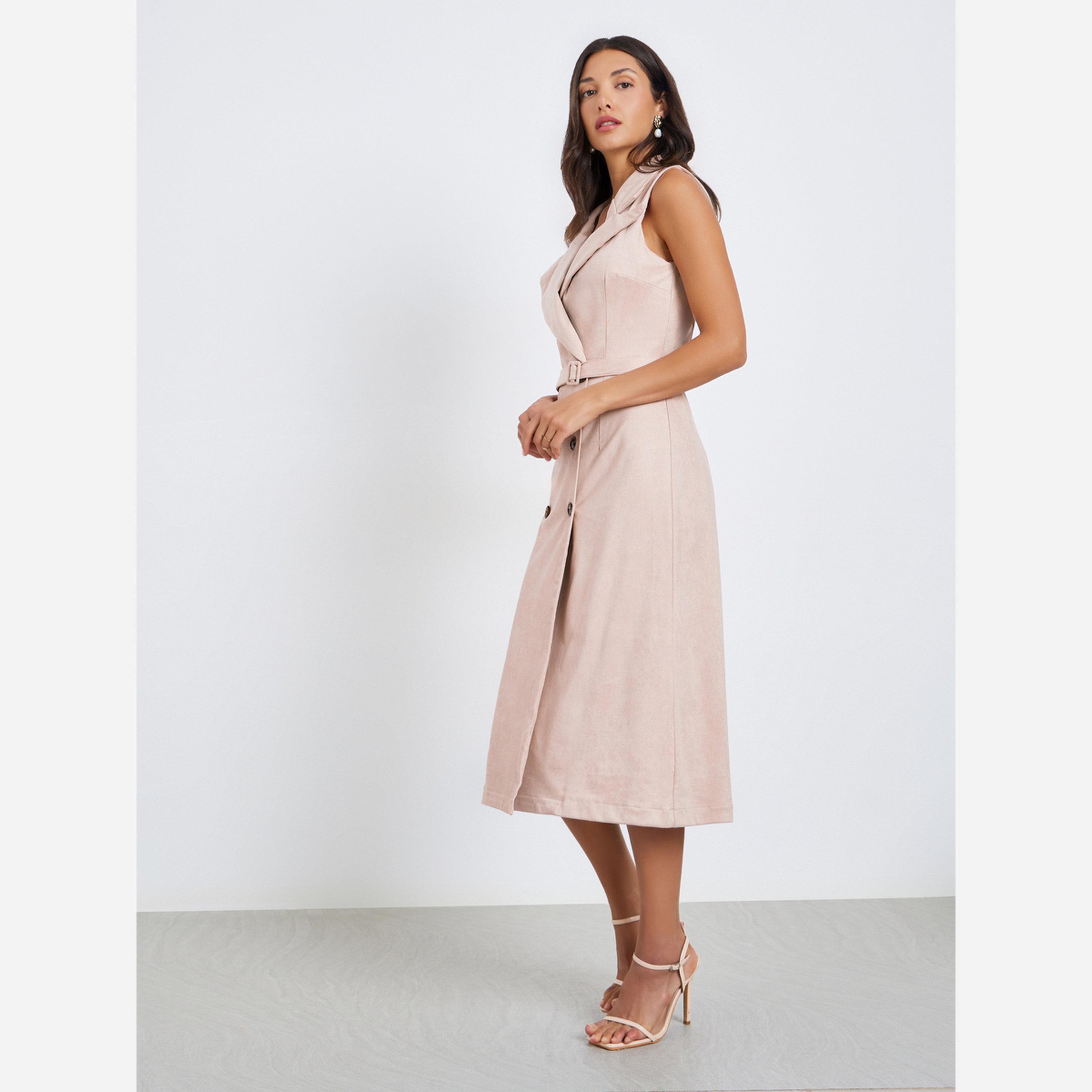 ستايلي - فستان جلد متوسط الطول بدون أكمام تصميم بليزر للنساء-women-clothing-dresses-image-3
