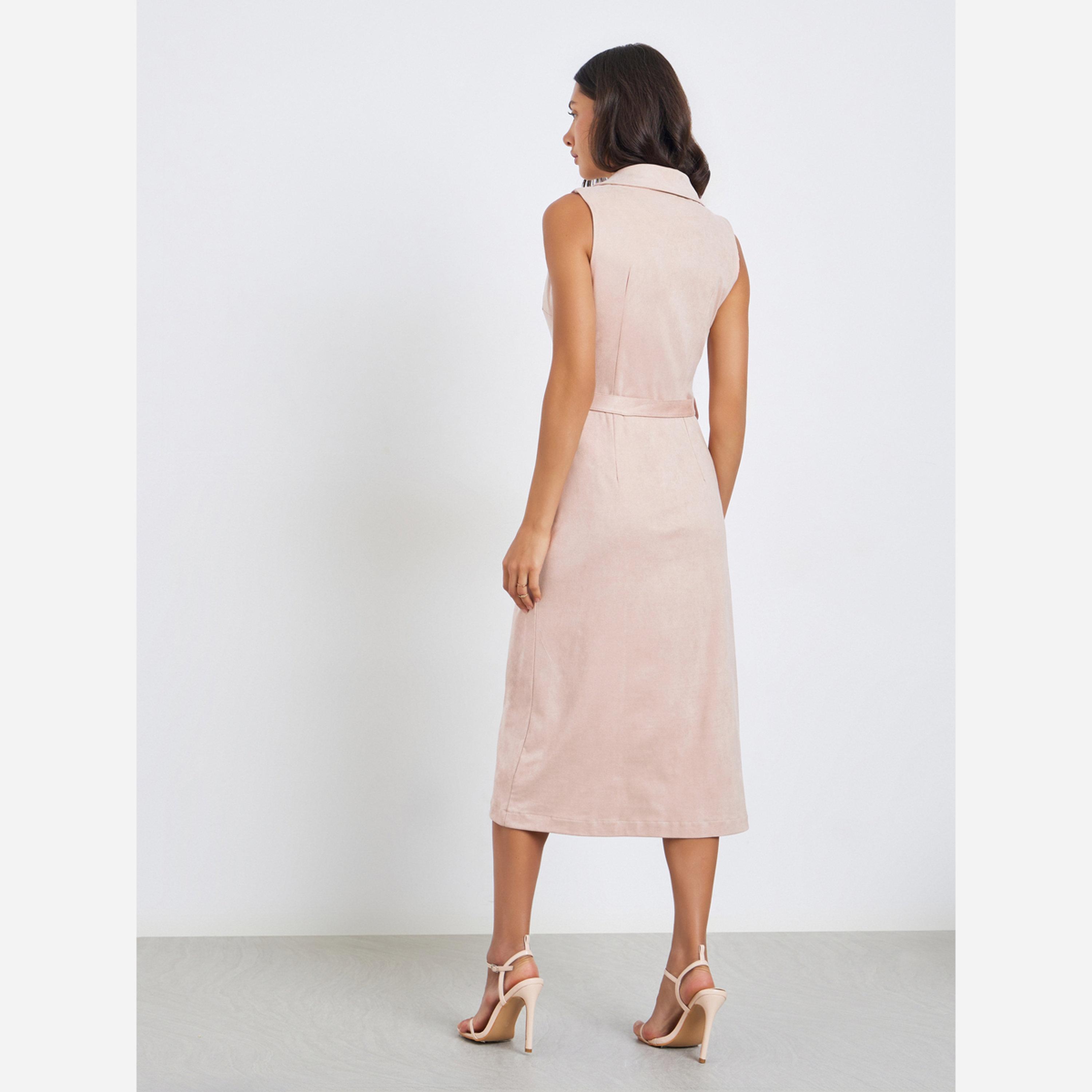 ستايلي - فستان جلد متوسط الطول بدون أكمام تصميم بليزر للنساء-women-clothing-dresses-image-4