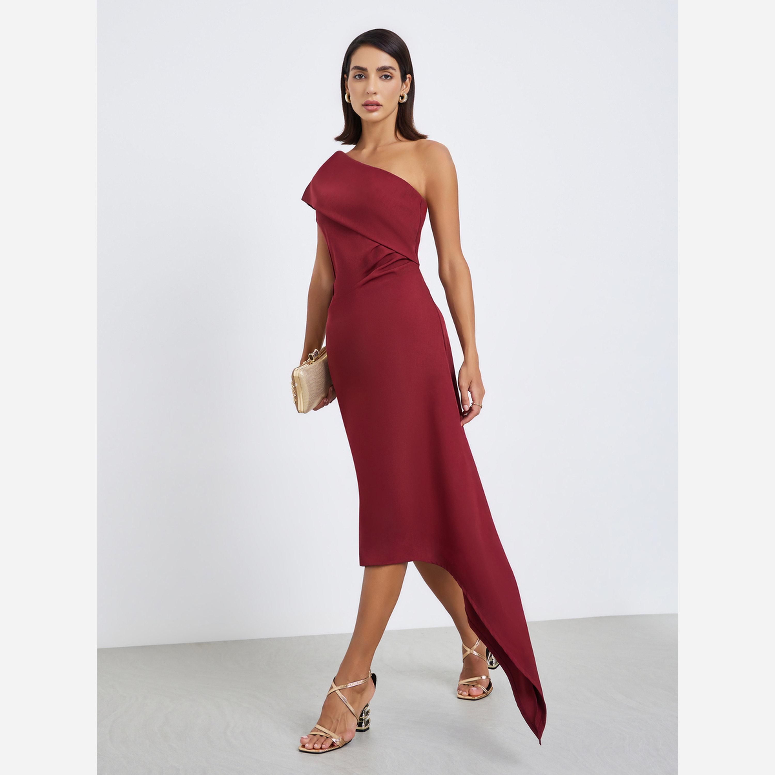 ستايلي - فستان متوسط الطول ضيق بكتف واحد-women-clothing-dresses-image-1
