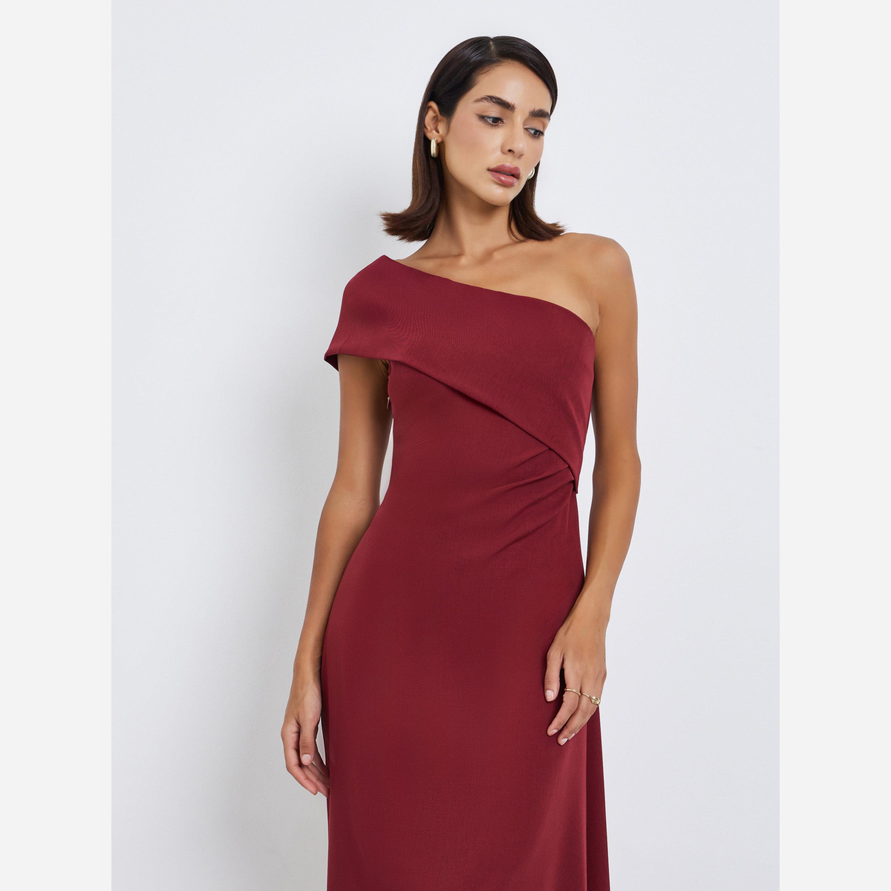 ستايلي - فستان متوسط الطول ضيق بكتف واحد-women-clothing-dresses-image-2